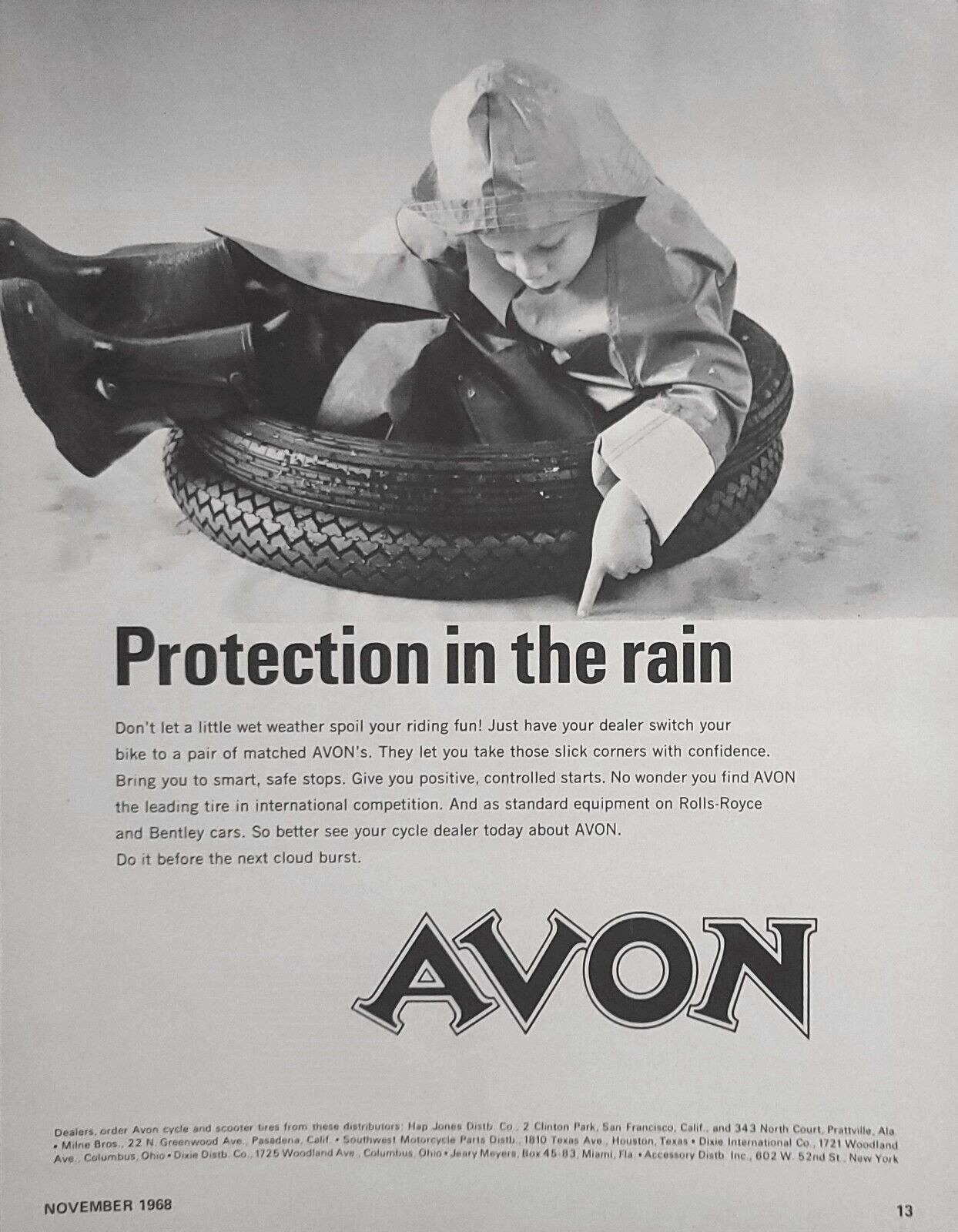1968 Avon Motorcycle Tire Print Ad Boy Raincoat Boots