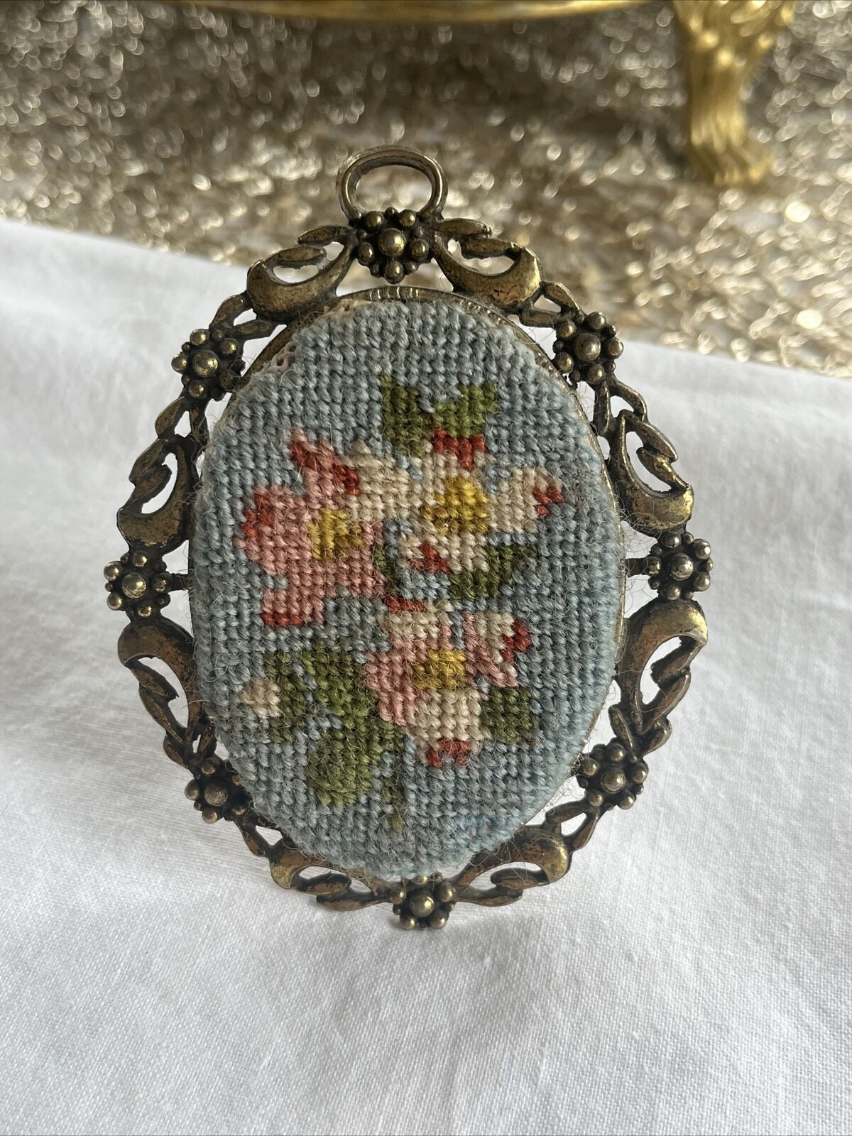 Antique Floral Embroidery In Ornate Gold Metal Frame With Stand 3.5”