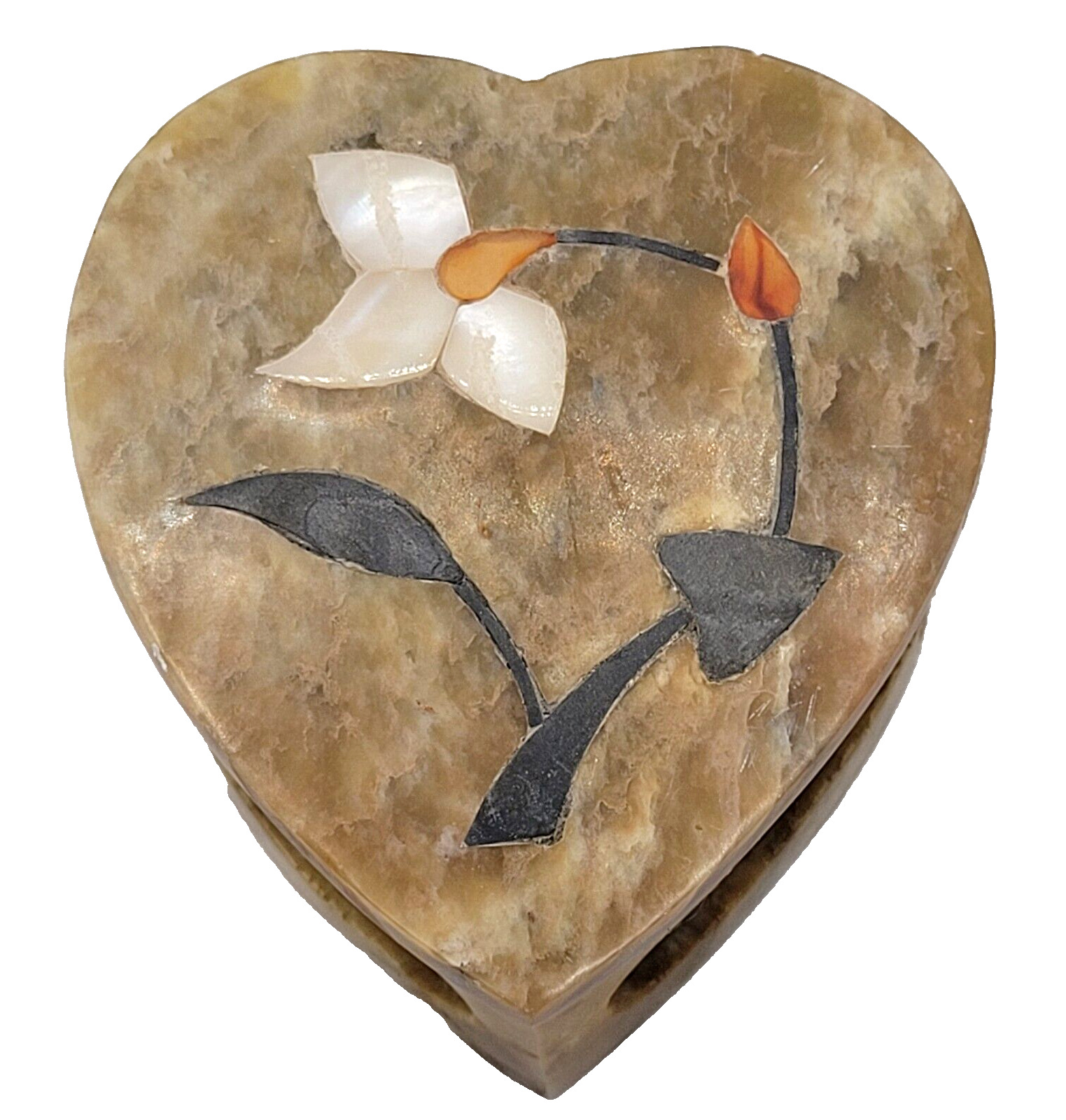 1980s Carved Heart Shaped Soapstone with Flower MOP Inlay Vanity Trinket Box