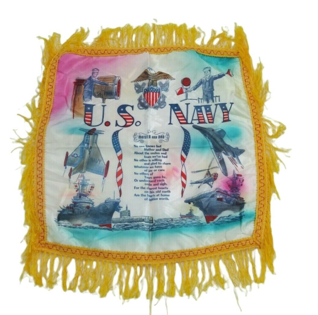 Vintage WW2 US Navy Silk Pillowcase Sham Mother and Dad Yellow Fringe