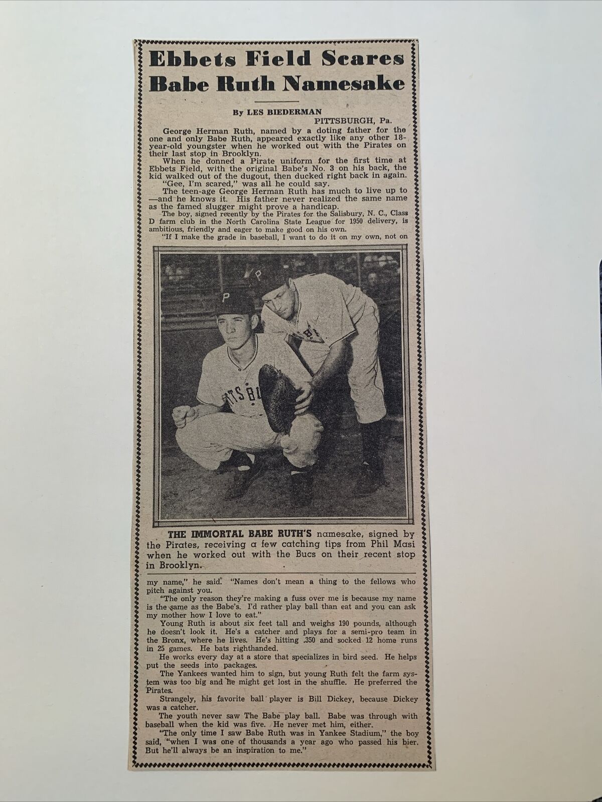 Babe Ruth’s Son Phil Masi Pirates 1949 Sporting News Baseball 4X10 Panel