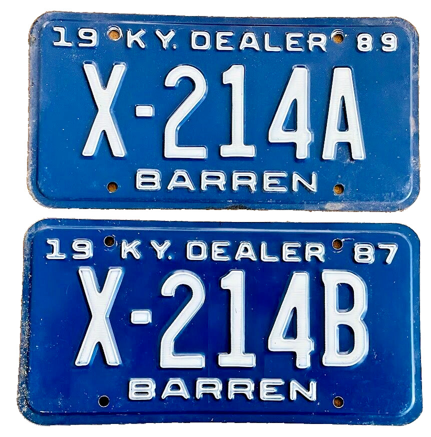 KENTUCKY License Plate BARREN Co. KY 2 Expired Auto Dealer Metal Tags 1987 1989