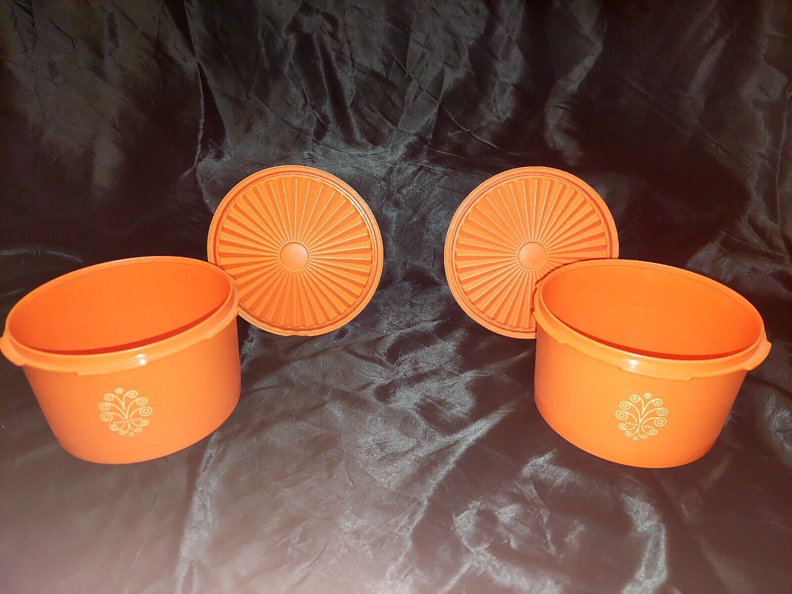 Pair ofVintage Tupperware Bright Orange Servalier Canisters 1298 With Lids 810