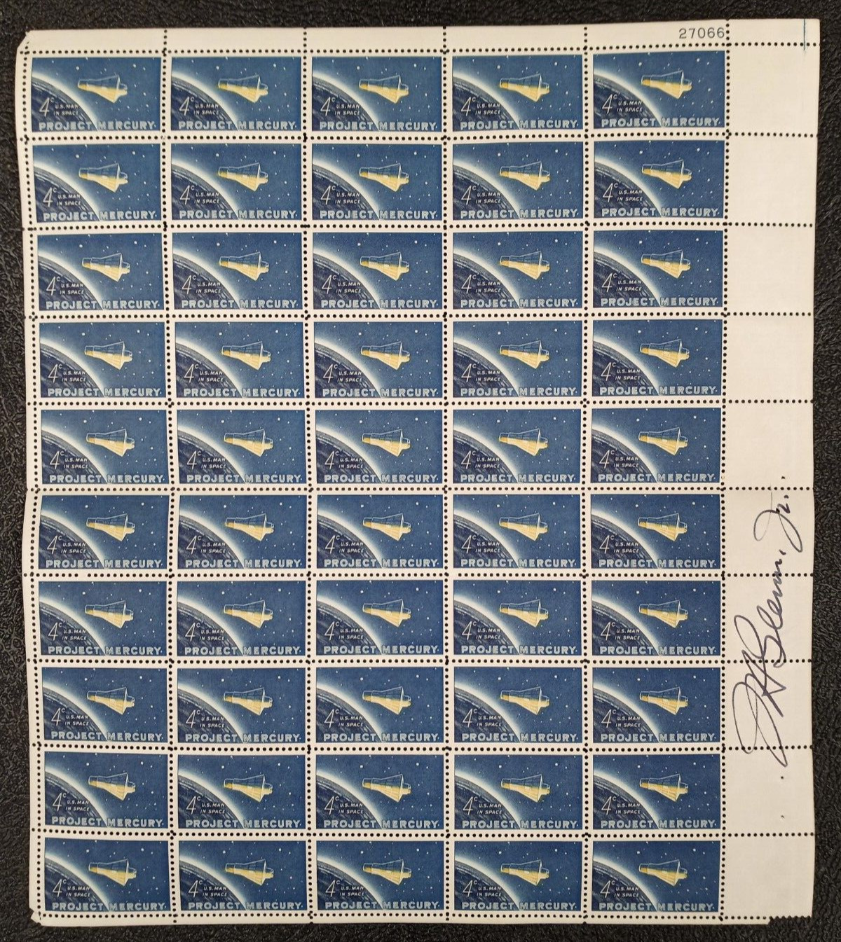 John Glenn Jr Signed USPS Stamp Sheet - 1962 \