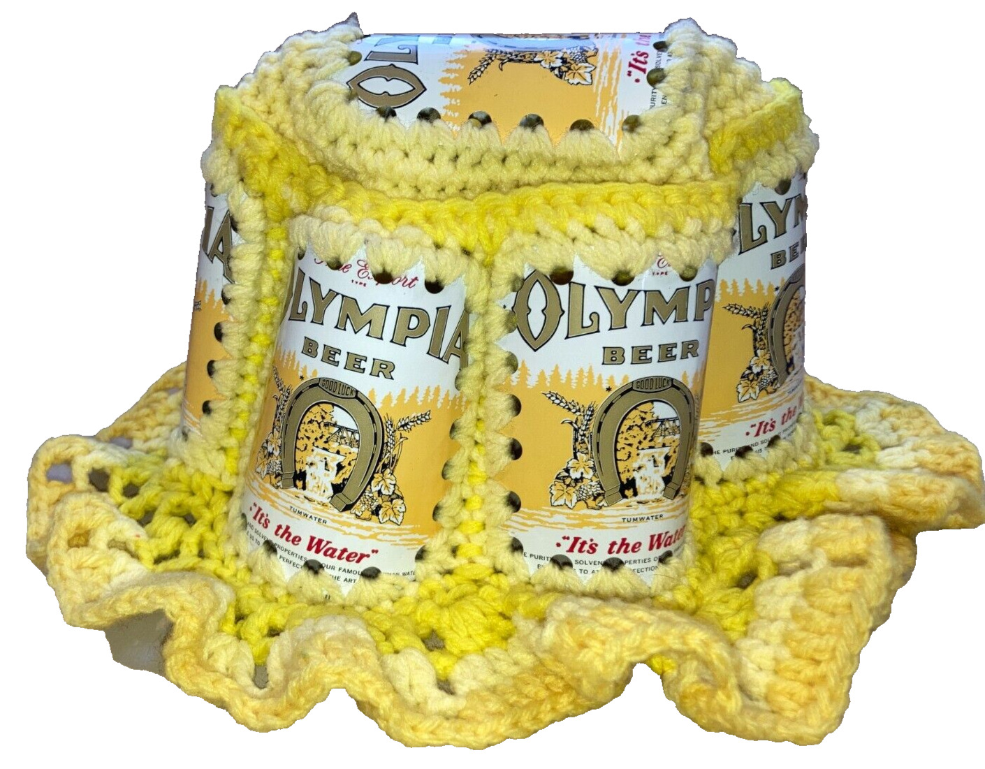 Vintage Olympia Beer Can Knitted Yellow Crochet Hat Handmade Round Style 12 oz