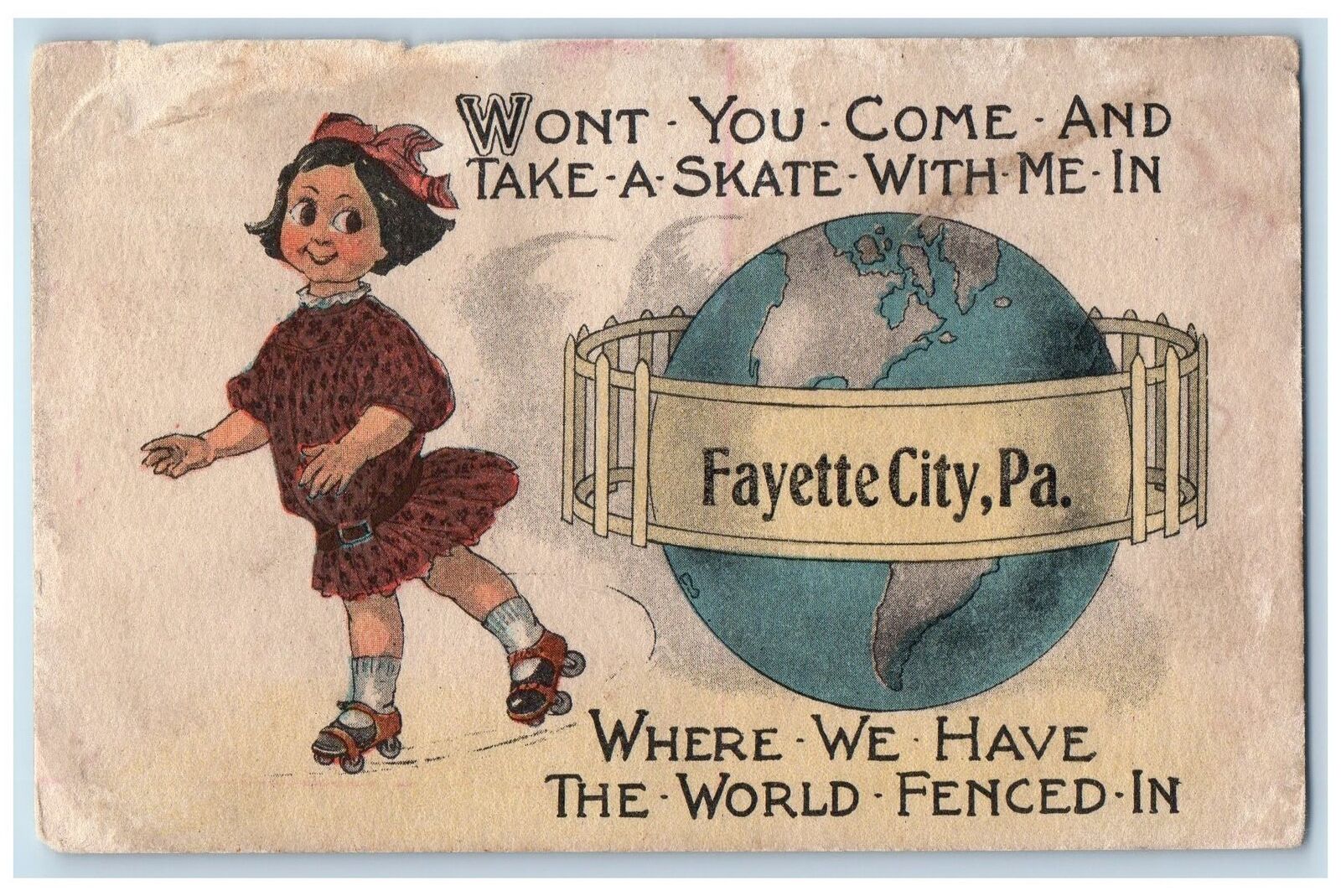 c1950 Wont You Come Take A Skate With Me Roller Skating Fayette City PA Postcard