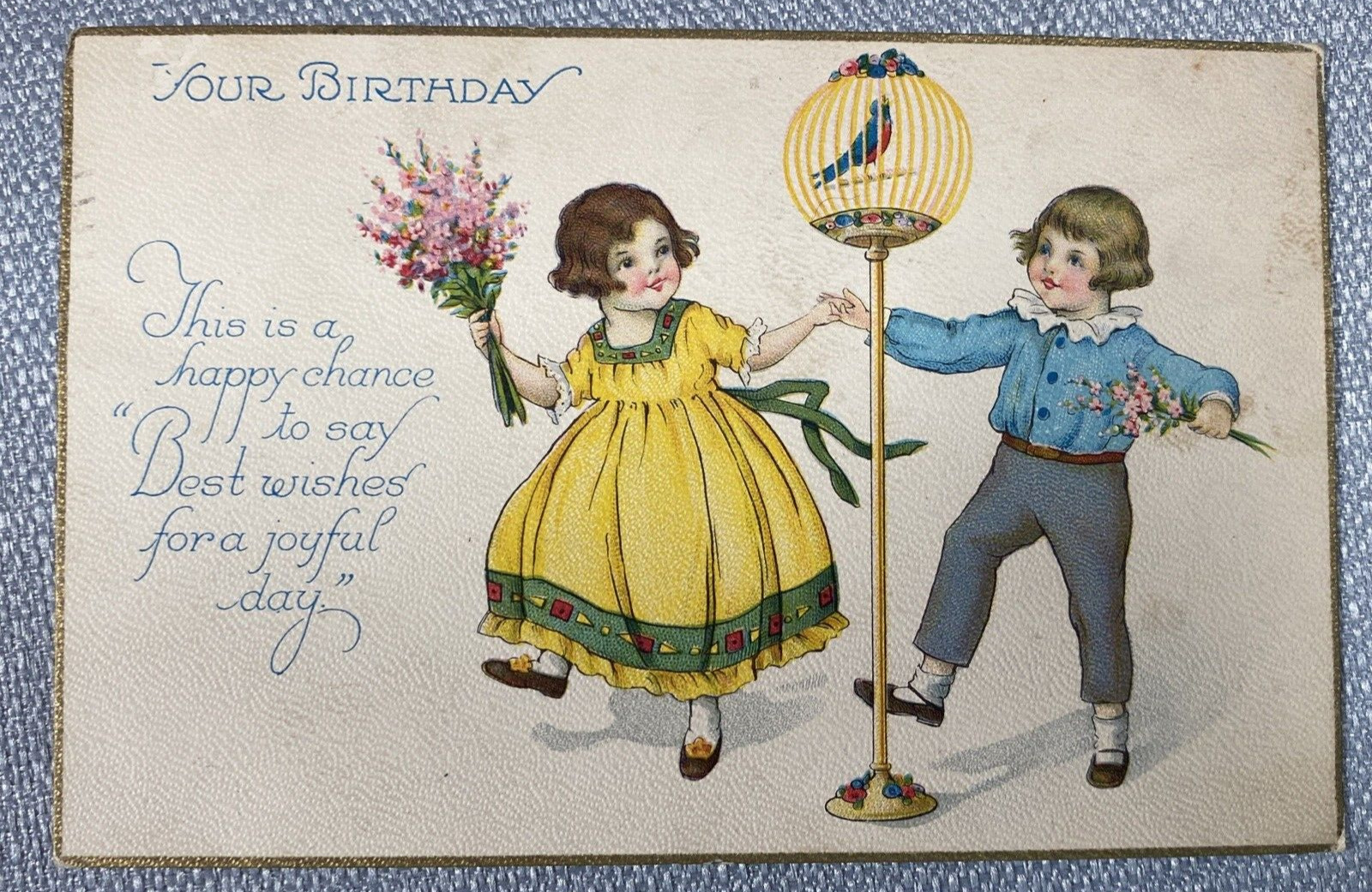 Vintage Postcard 1929 Birthday Boy Girl Birdcage Canary Series 1089 USA