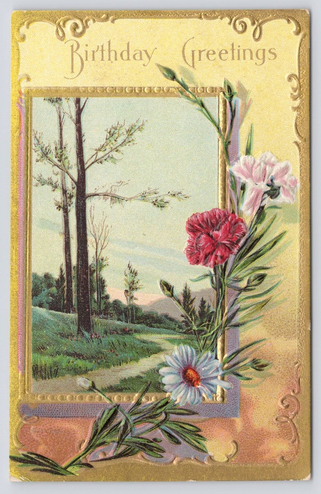 Postcard    Birthday Greetings Embossed Flowers Tree road  UNP  (a1)