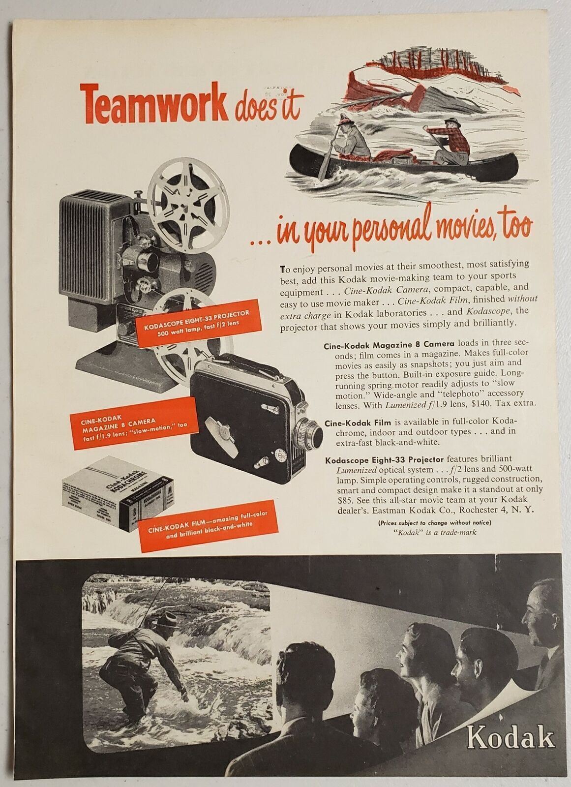 1949 Print Ad Cine-Kodak Magazine 8 Movie Camera Eight 33 Projector Rochester,NY