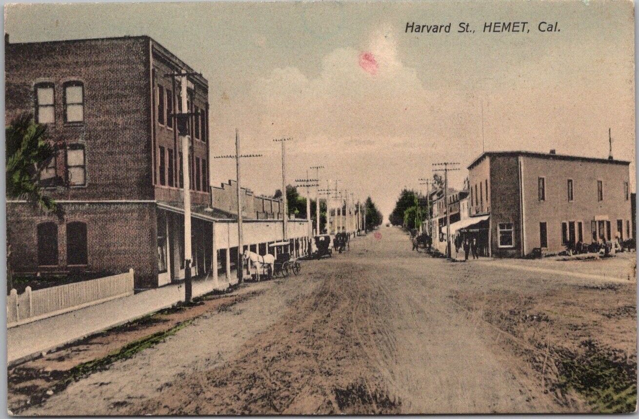 c1910s HEMET, California Hand-Colored Postcard HARVARD STREET Downtown View