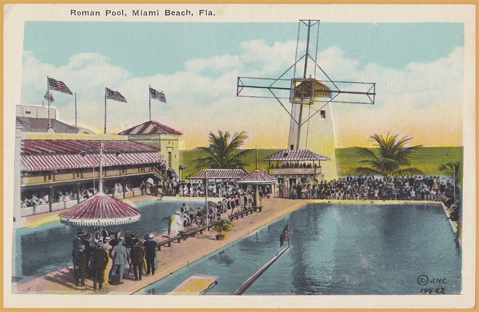 Miami Beach, FLA., Roman Pool, many people & windmill - 