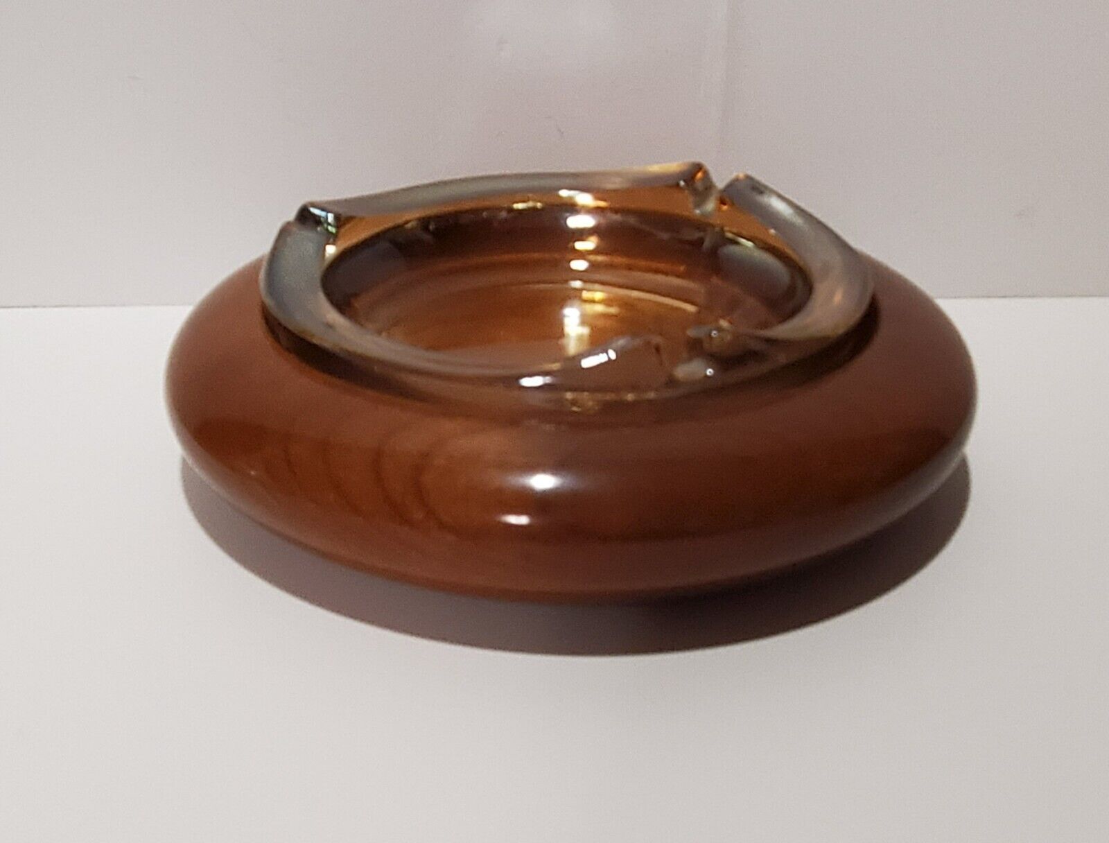 Vintage Myrtle wood ashtray holder with carnival glass ashtray made in Oregon.