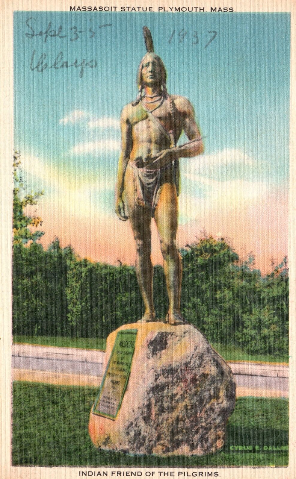 Vintage Postcard Massasoit Statue Pilgrims\' Indian Friend Plymouth Massachusetts