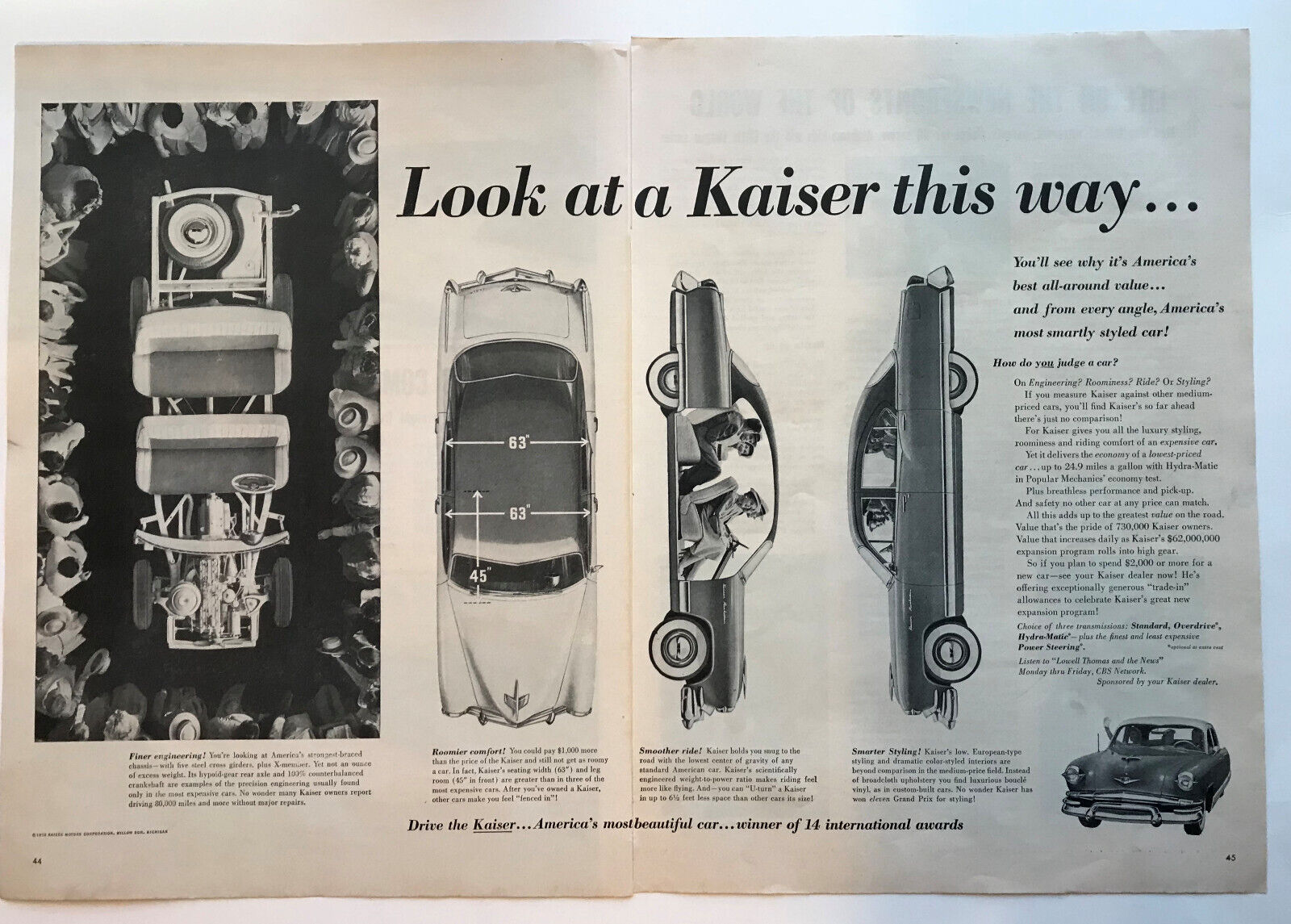 1953 Kaiser Automobile Vintage Print Ad Hydra-Matic Overdrive European Styling