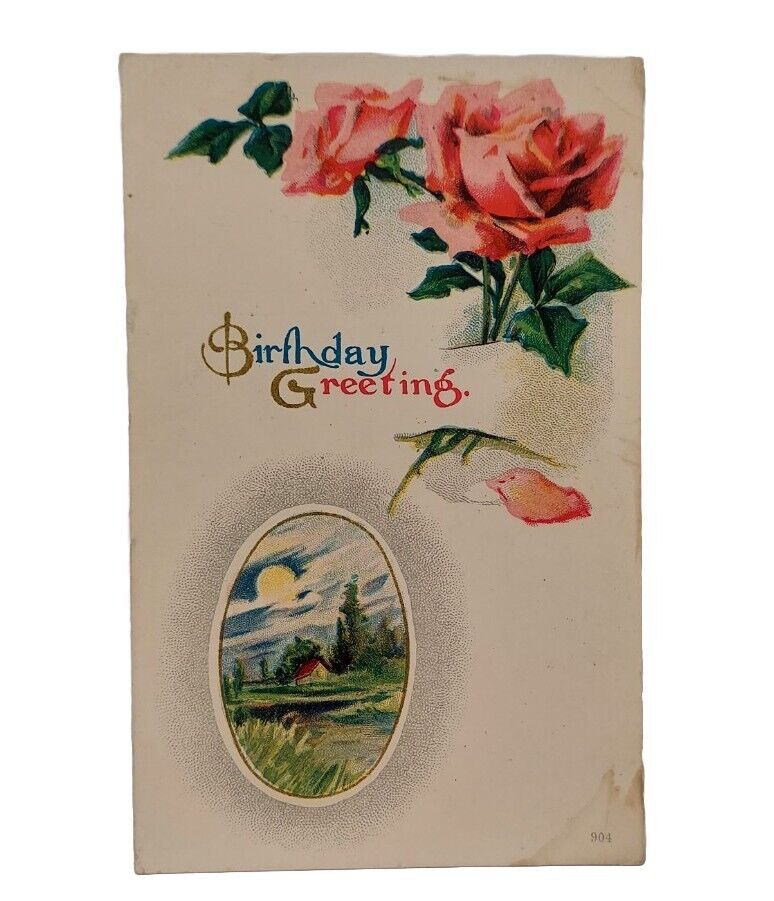 Vintage Postcard Birthday Greetings Roses And Home Landscape (A256)