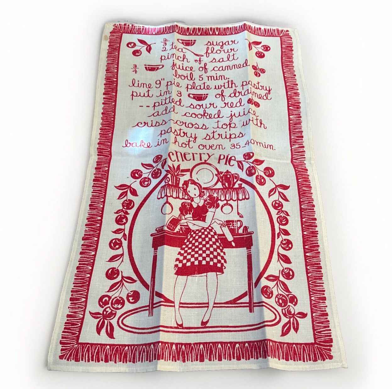 Vintage Linen Leacroft Handprints 1950’s Tea Kitchen Towel Cherry Pie New 1stain