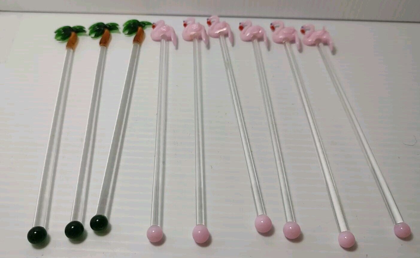 Vintage Set Of 9 Flamingo And Palm Tree Blown Glass Swizzle Sticks Stirrers