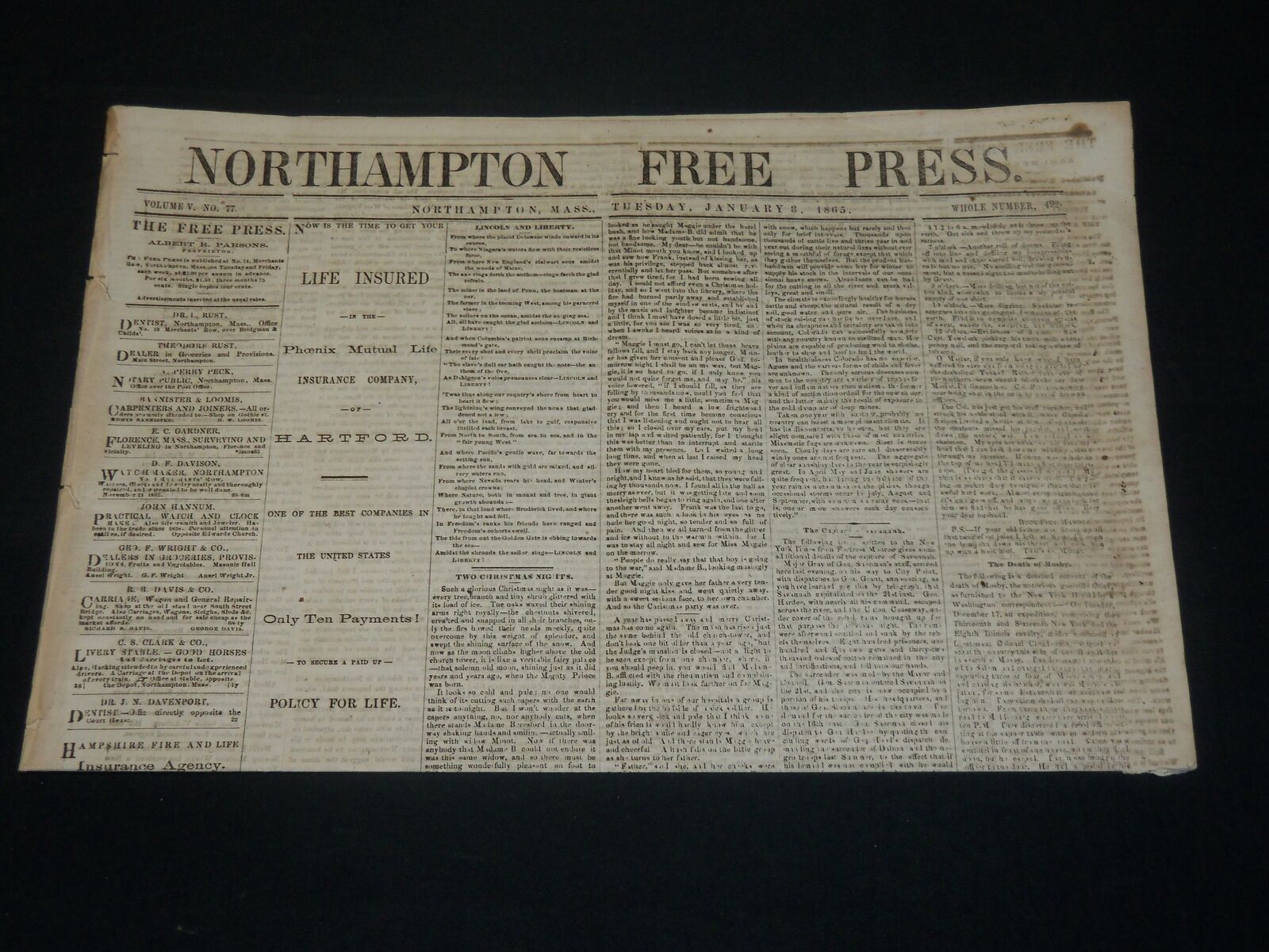 1865 JANUARY 3 NORTHAMPTON FREE PRESS NEWSPAPER - LINCOLN AND LIBERTY - NP 4902