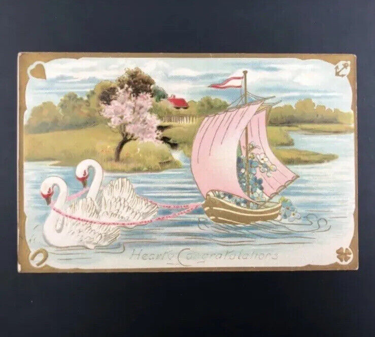 Antique Greetings Postcard Swan Boat Forget Me Not Embossed Cottage Pink Boat