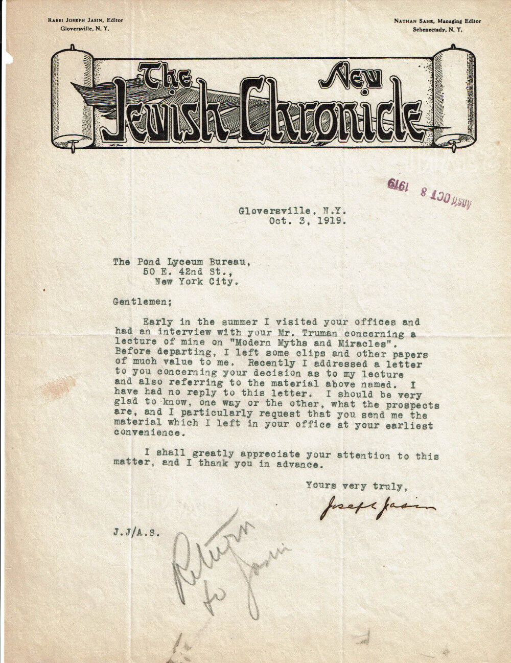 Zionist & Fort Worth, Texas RABBI JOSEPH JASIN  - 2 SIGNED LETTERS, 1919 - Myths
