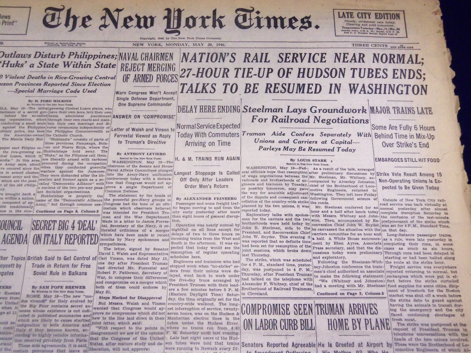 1946 MAY 20 NEW YORK TIMES - NATION\'S RAIL SERVICE NEAR NORMAL - NT 2296