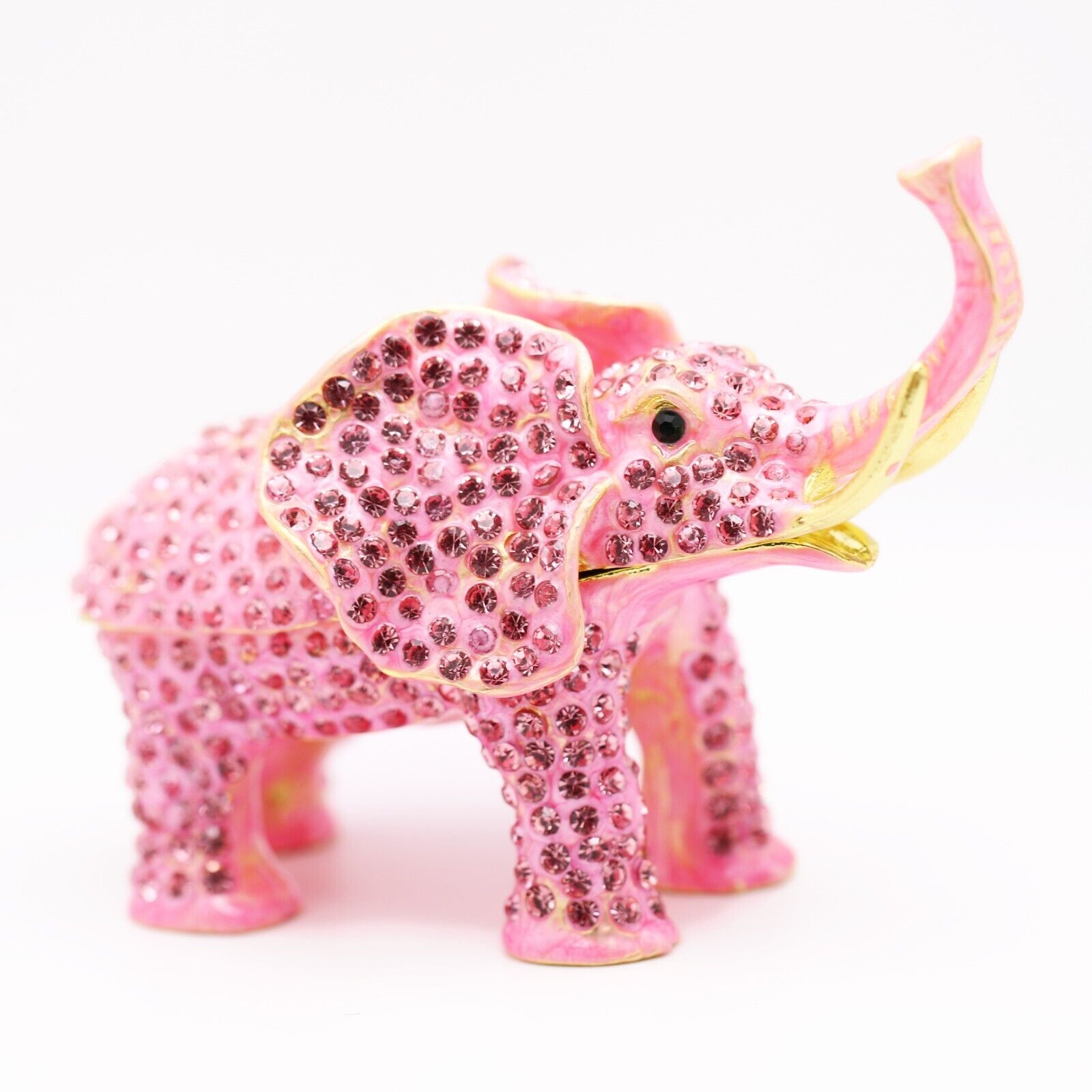 Bejeweled Enameled Trinket Box/Figurine With Rhinestones-Pink Sparkling Elephant