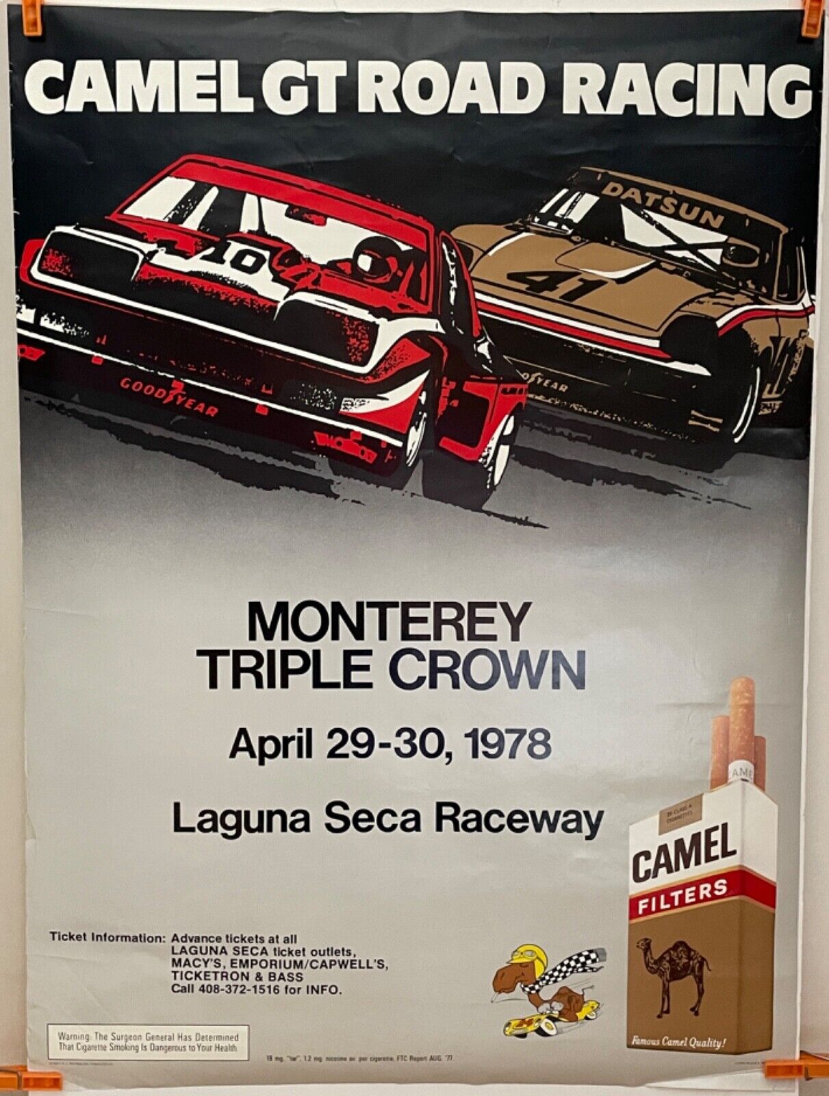 VINTAGE ORIG CAMEL GT ROAD RACING POSTER MONTEREY TRIPLE CROWN LAGUNA SECA 1978 