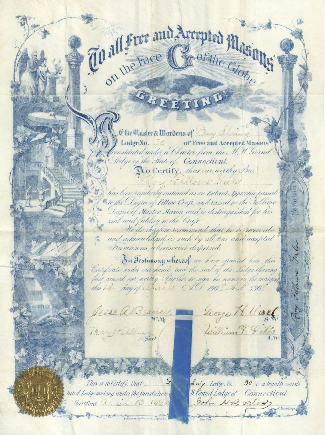 Masonic Document dated 1908 - Day Spring Lodge, Connecticut - Gorgeous Graphics 