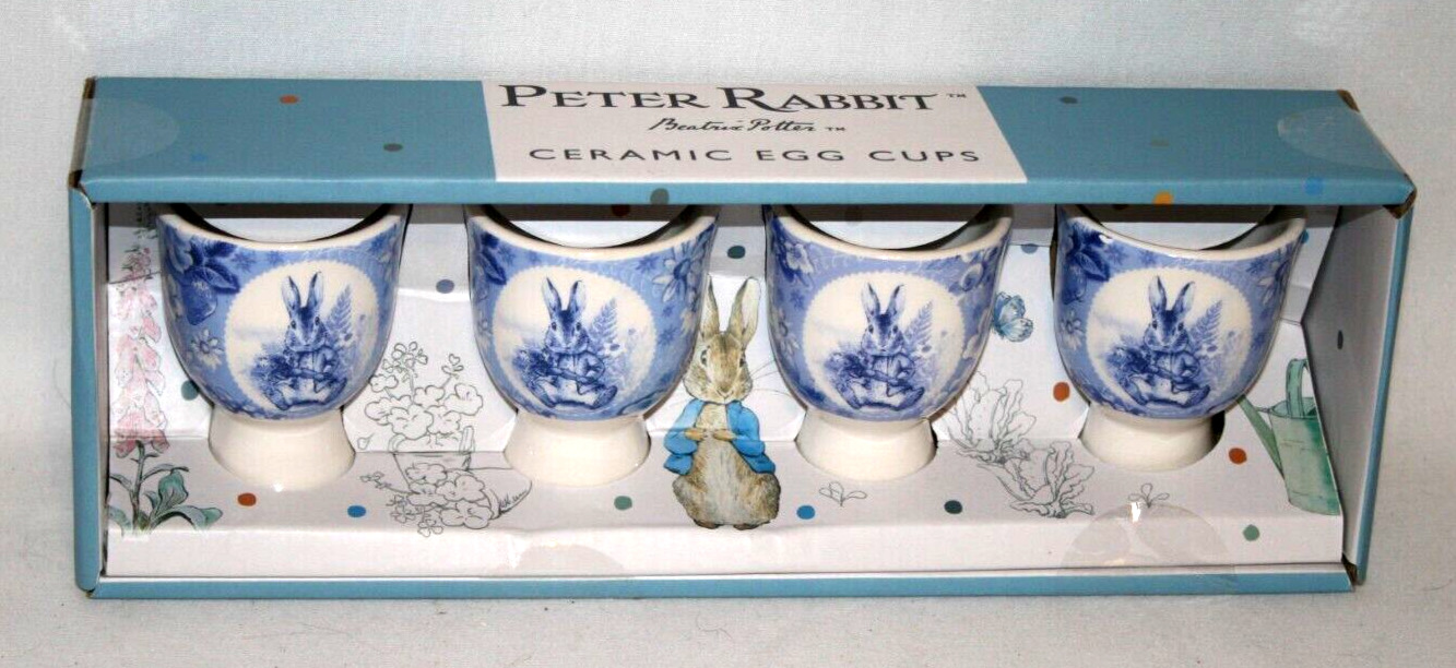 Beatrix Potter Peter Rabbit Blue Easter Ceramic Egg Holder Cups Set of 4 New