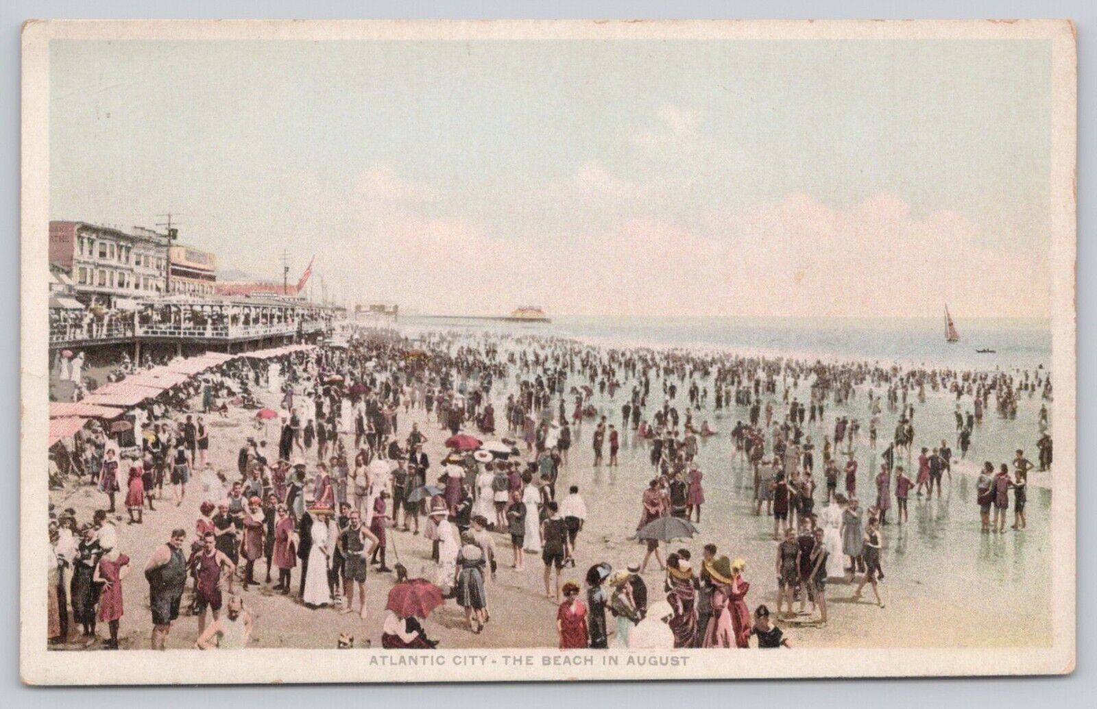 Postcard Atlantic City New Jersey Beach In August Bathers Vintage Fashion Boats