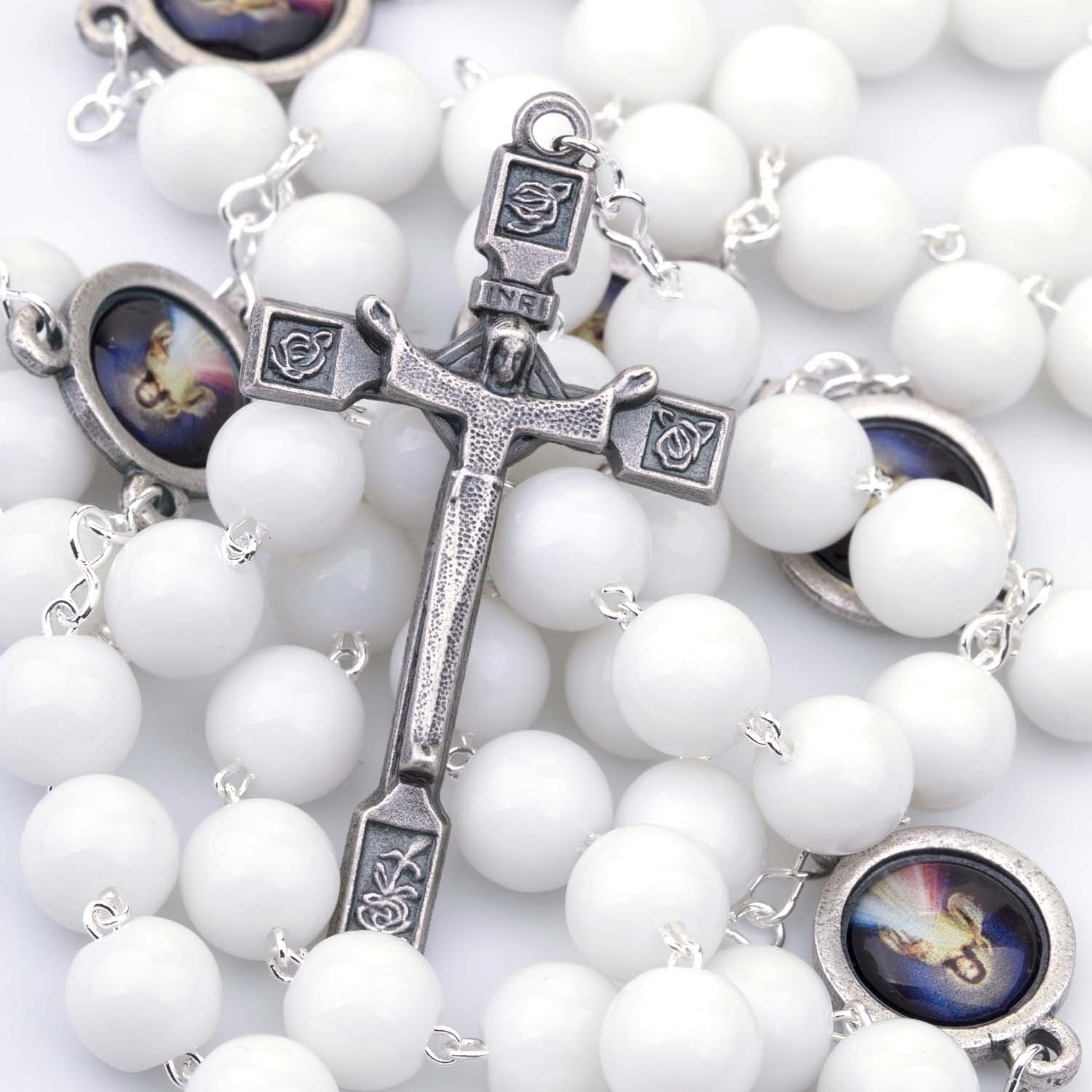 Divine Mercy Catholic Rosary Beads White Glass For Women Color Medals