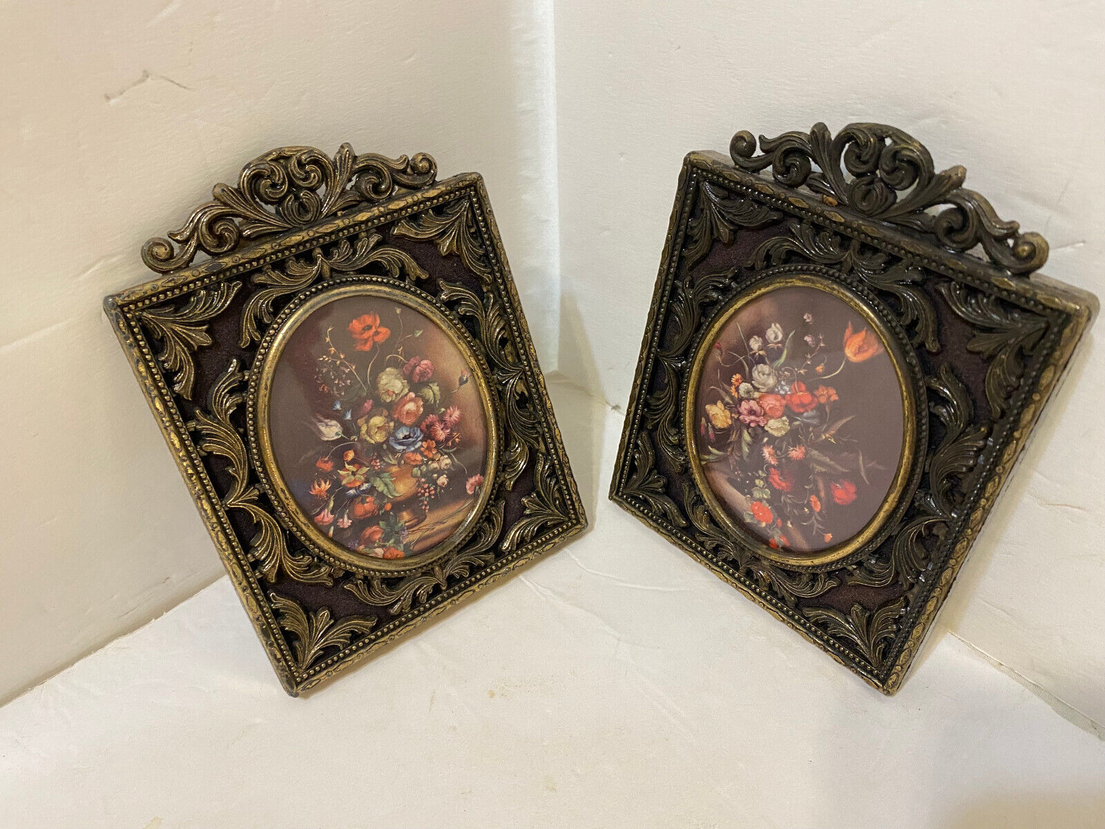 2 VINTAGE ORNATE METAL FRAMES WITH FLORAL BOUQUETS IN EACH 4X5 1/2\