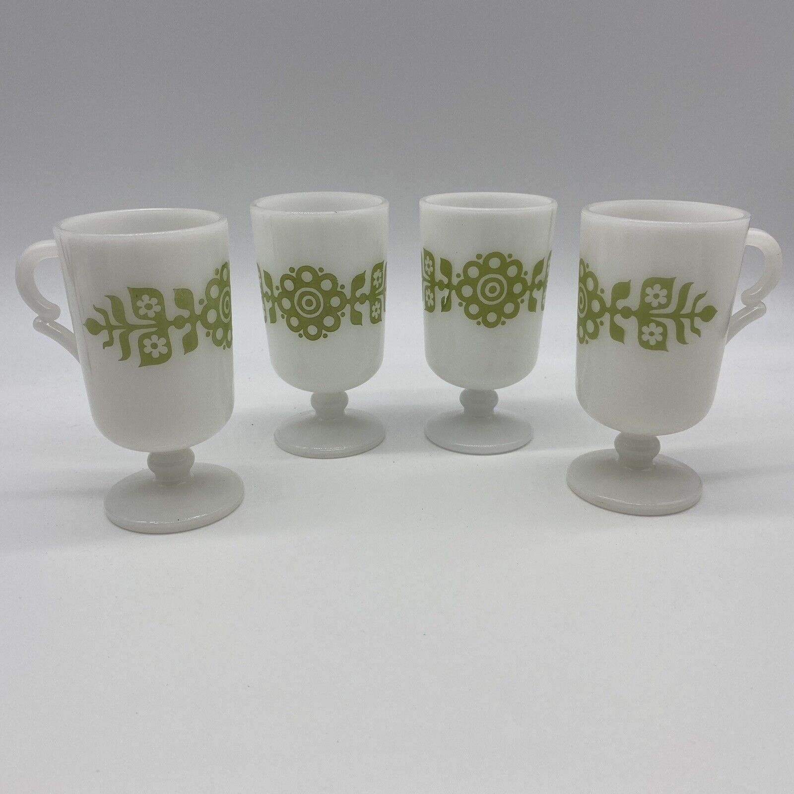 VTG Glasbake Milk Glass Green Flower Pedestal Footed Irish Coffee Mugs Lot of 4