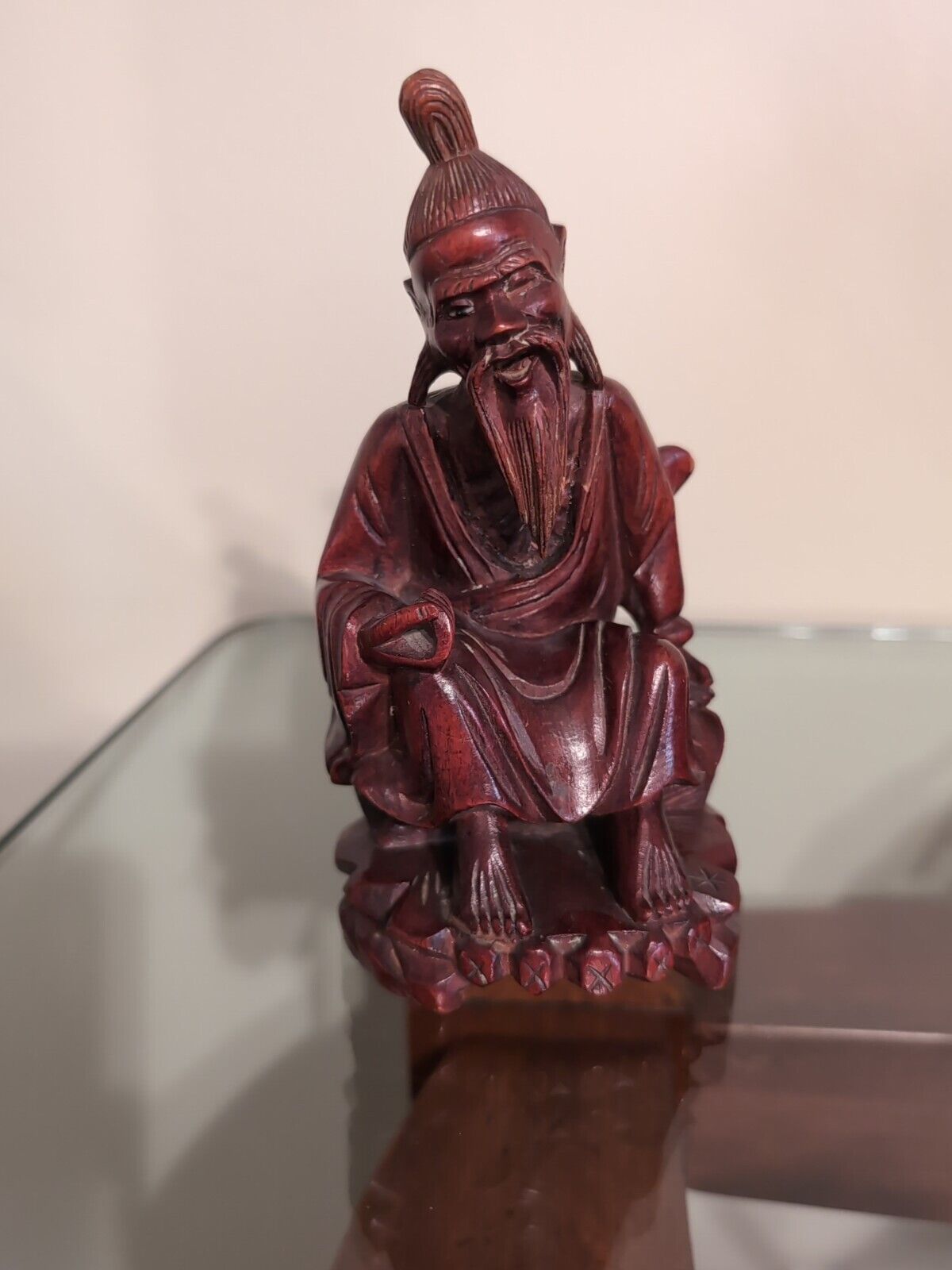 Vintage Hand Carved Boxwood Teakwood Chinese Wise Old Man Statue