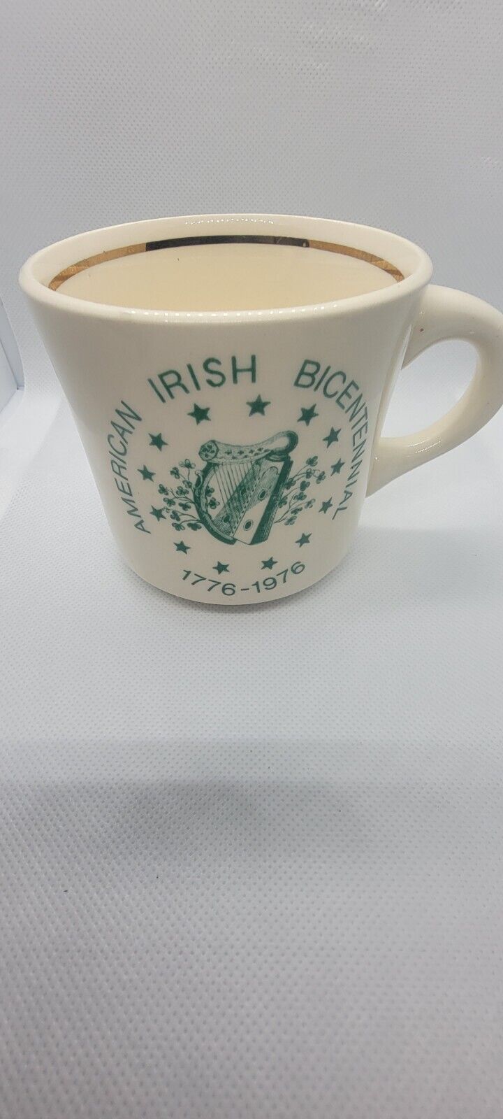 American-irish Bicentennial Coffee Mug,usa Mug,gold Trim 1776-1976,white & Green