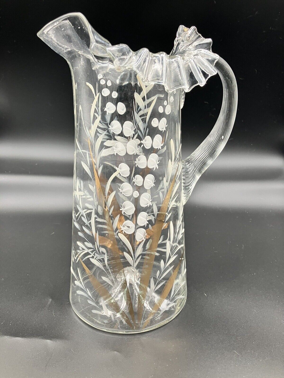 Victorian Clear Glass Hands Blown & Hand Painted With Lilly Of Vally Ruffle Top