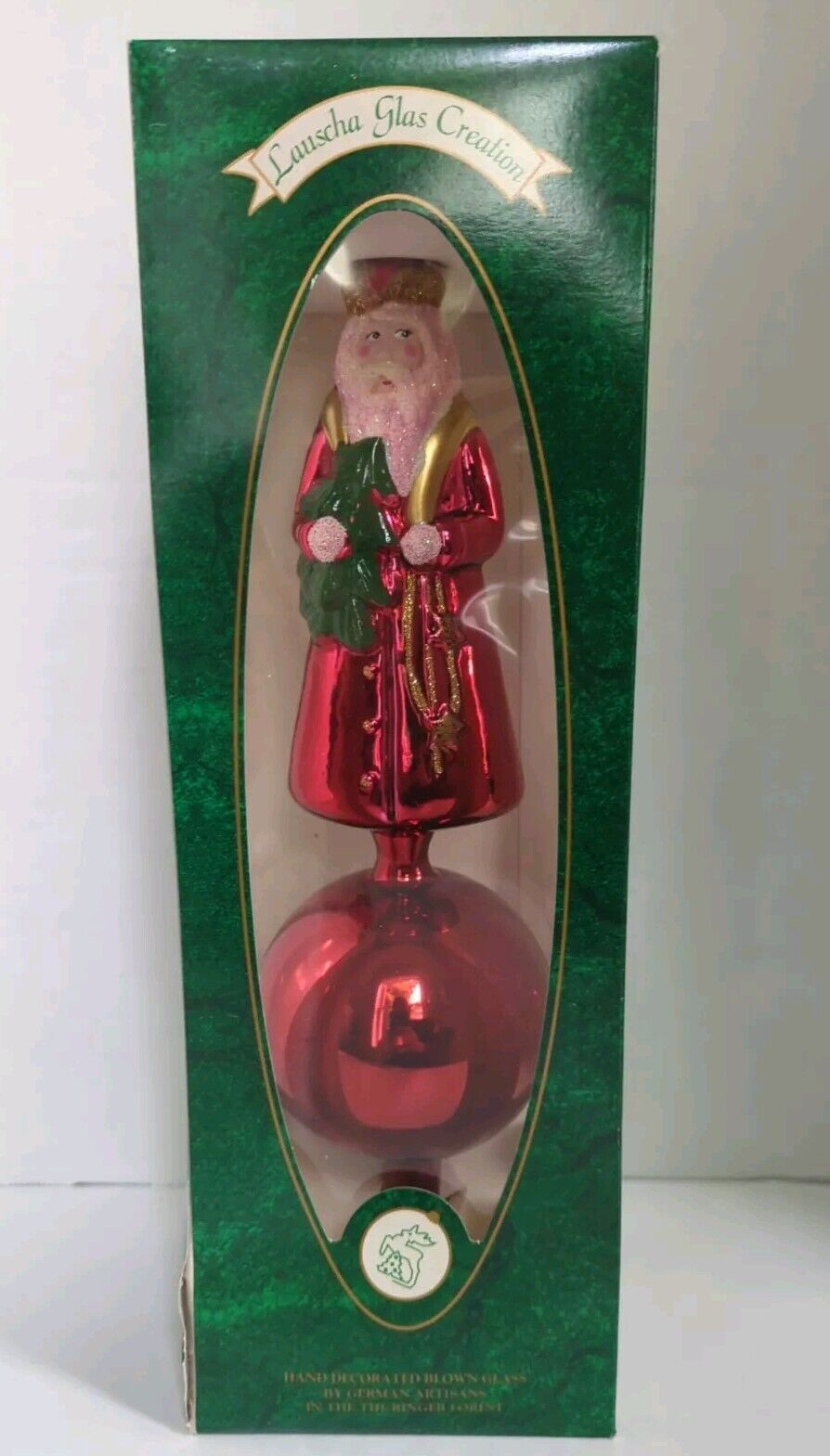 Lauscha Glas Large Blown Glass Santa Red Tree Topper Germany in Original Box