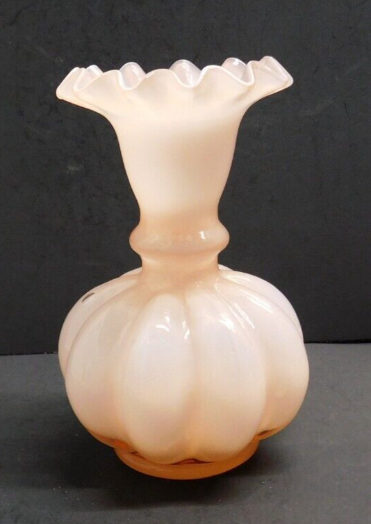 Fenton Light Pink Overlay Art Glass Melon Ruffled Vase 5 7/8\
