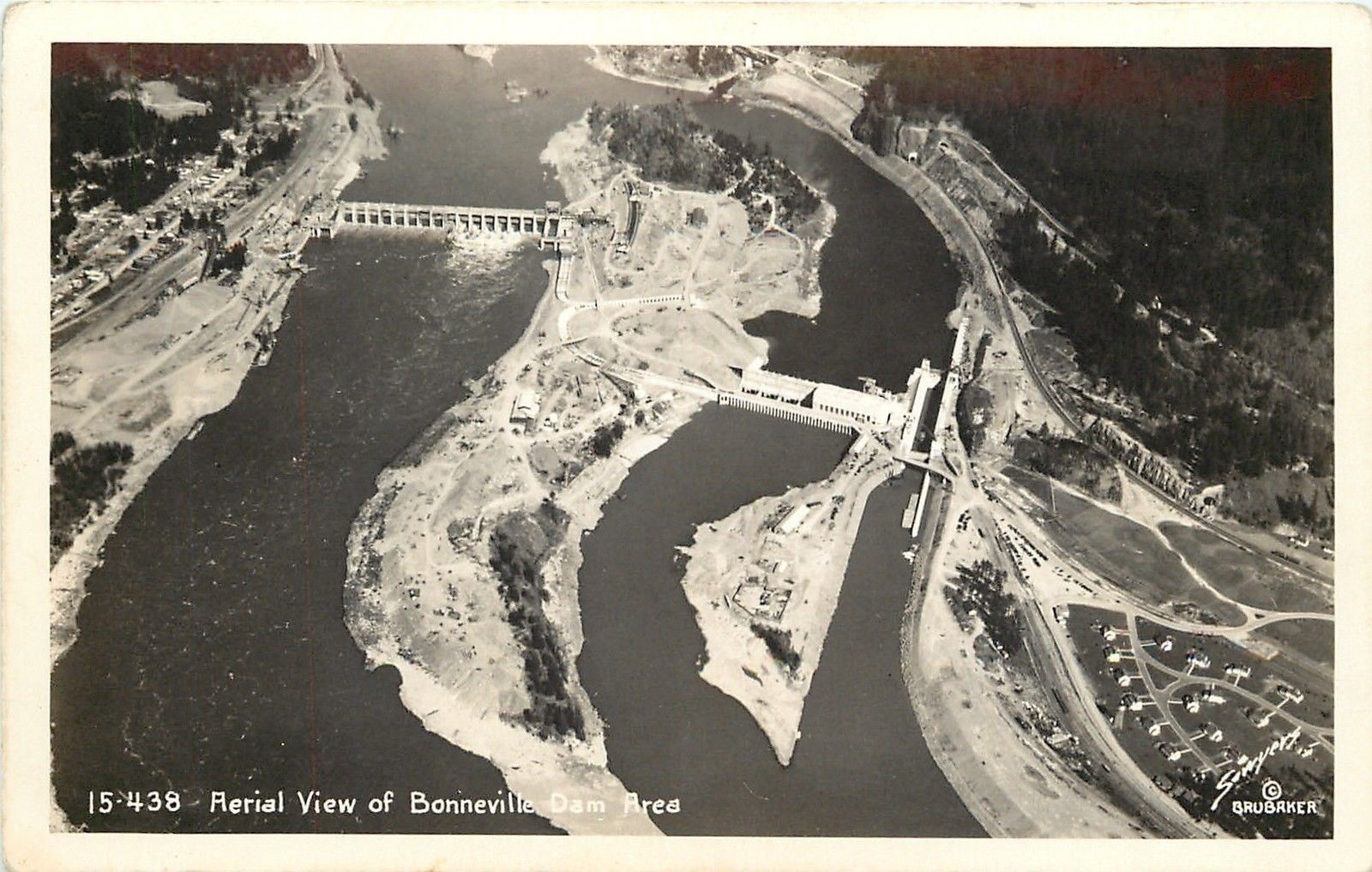 Cascade Locks Oregon~Aerial View~Bonneville Dam~1930s Real Photo Postcard~RPPC