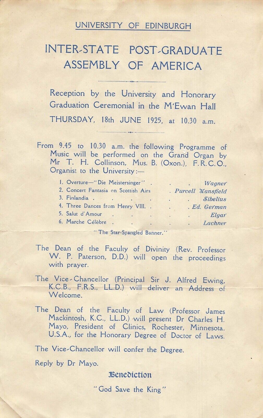 University Edinburgh-Inter State Post Graduate Assembly of America-1925 Program