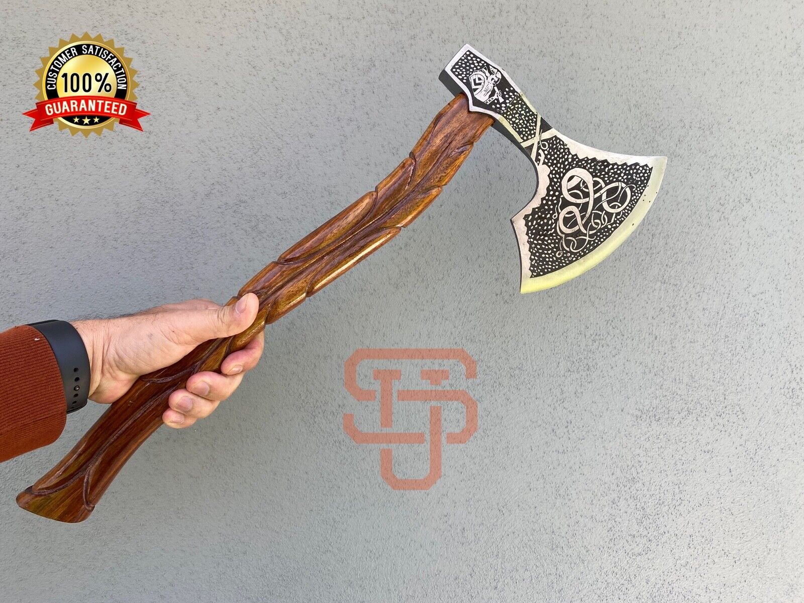 ✅ Genuine New Custom-made Steel axe acid etched design Hard Rosewood handle