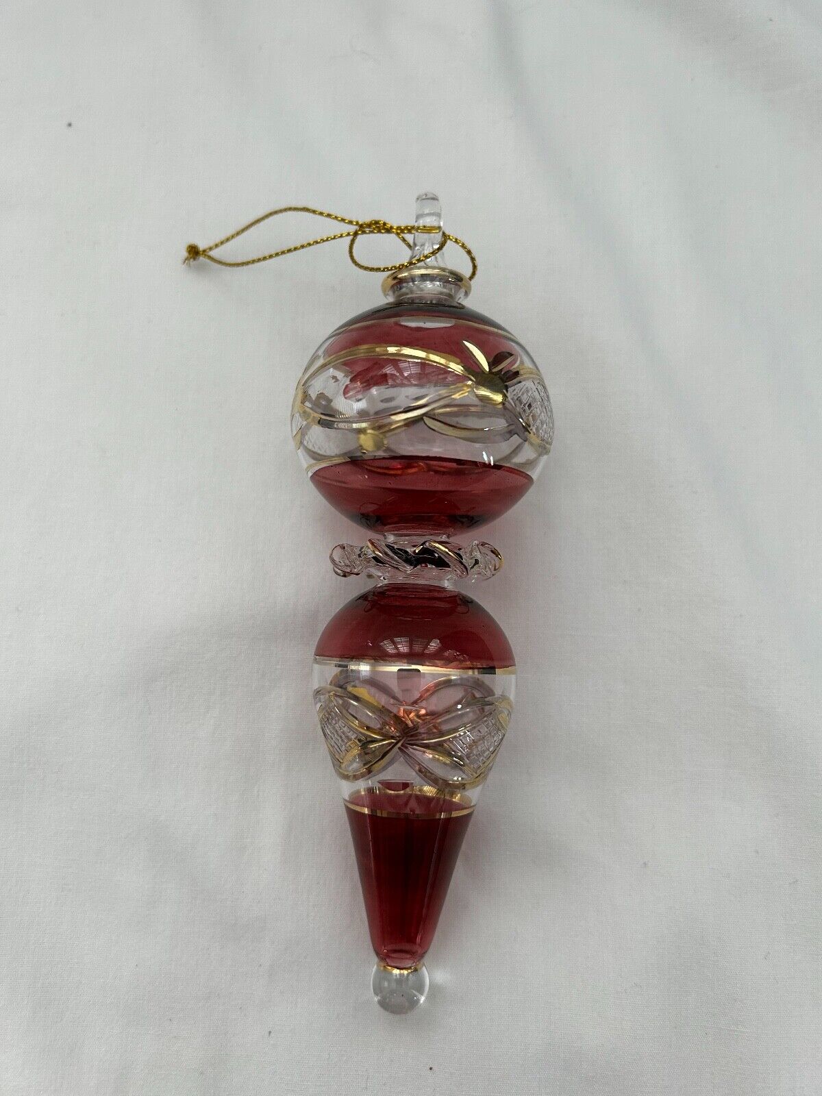 Egyptian Mouth Blown Fancy 24K Gold Etched Glass Christmas Ornament  6\