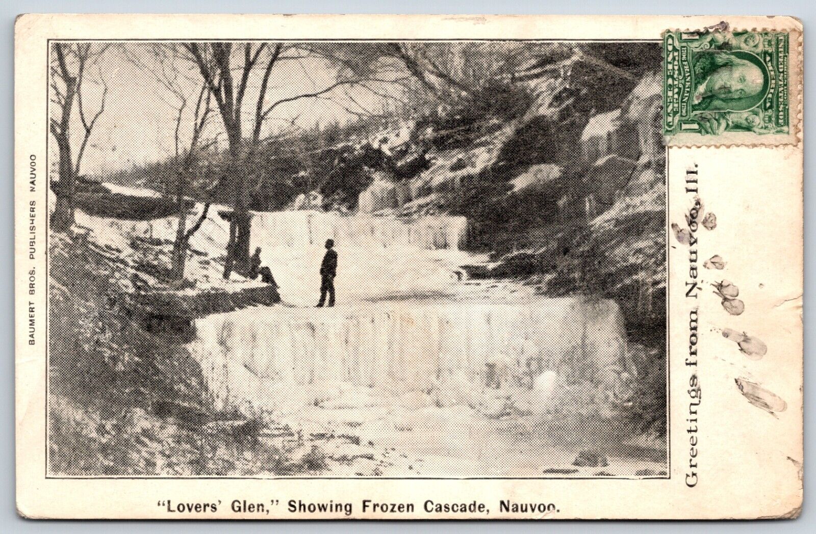 Postcard Lovers' Glen, Showing Frozen Cascade, Nauvoo, Illinois Posted 1907
