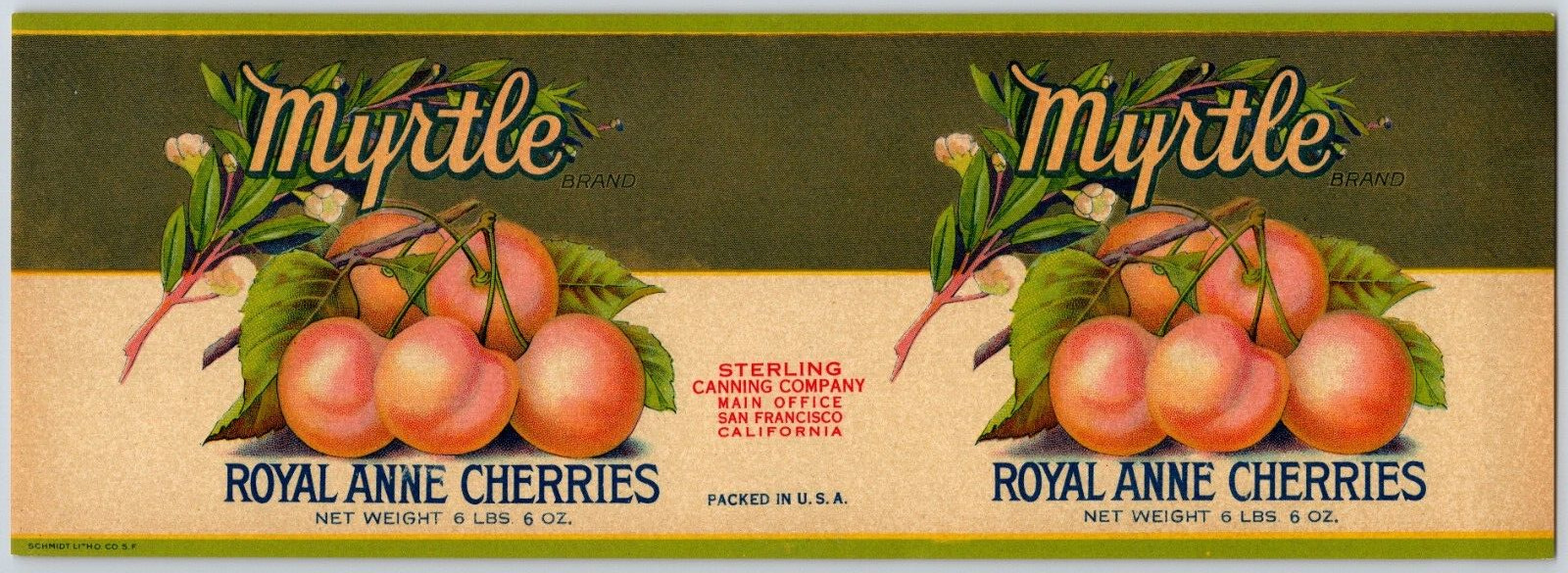 Royal Anne Cherries Myrtle Brand Sterling Canning Co. Paper Can Label c1930\'s