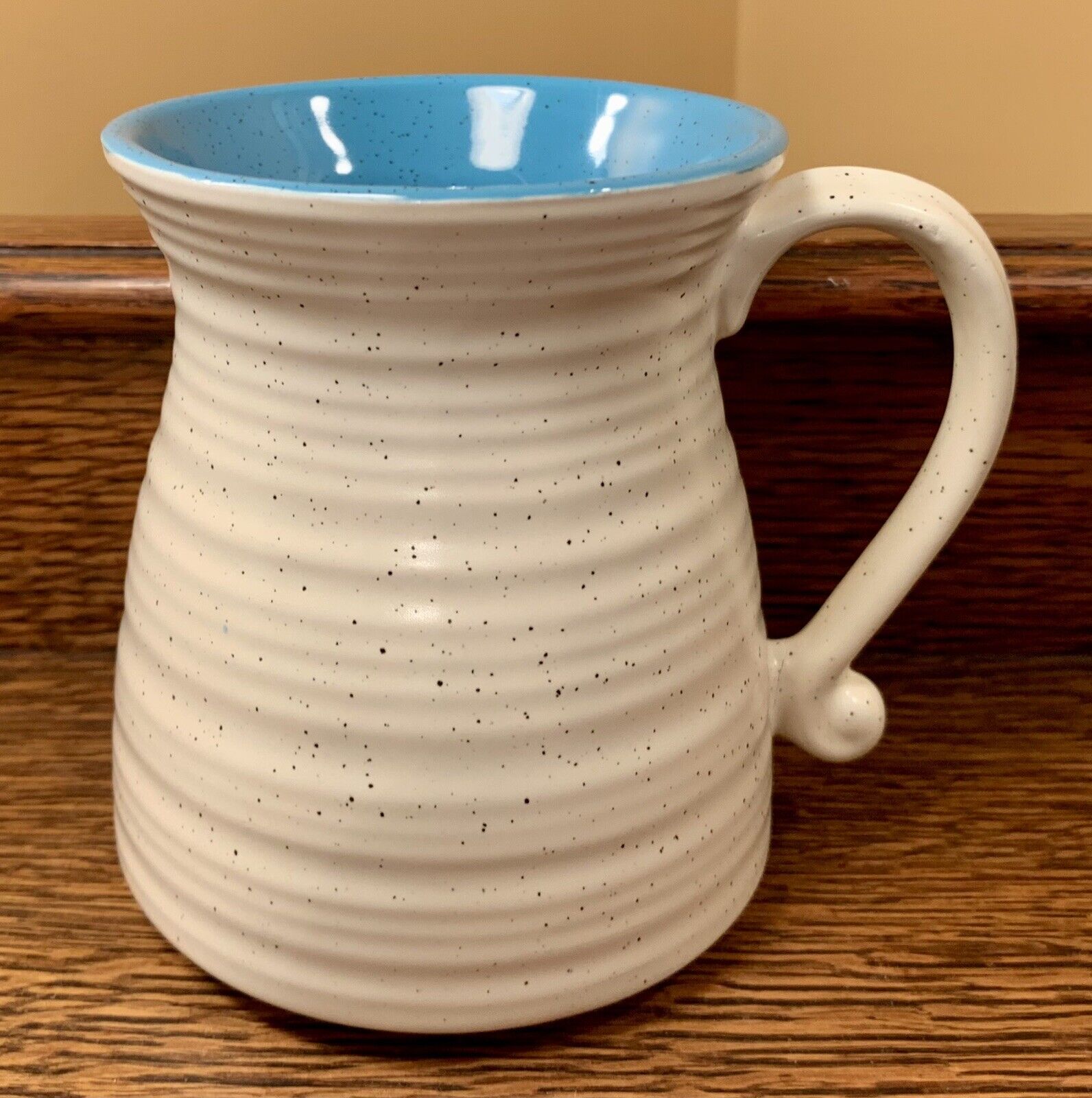 Roscher SPECKLED RIBBED 4.5” Stoneware Mug: Hourglass Ivory / Aqua-Teal Interior