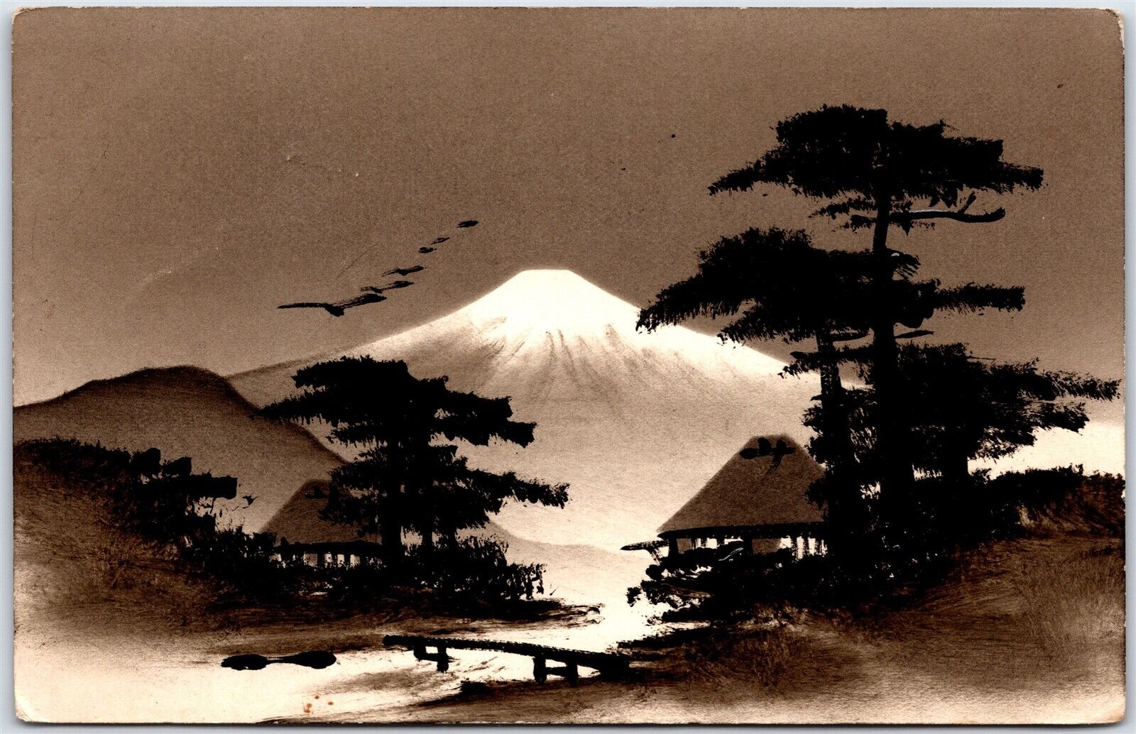 Postcard Japan c1910s Hand Painted Scenic View Showing Mount Fuji