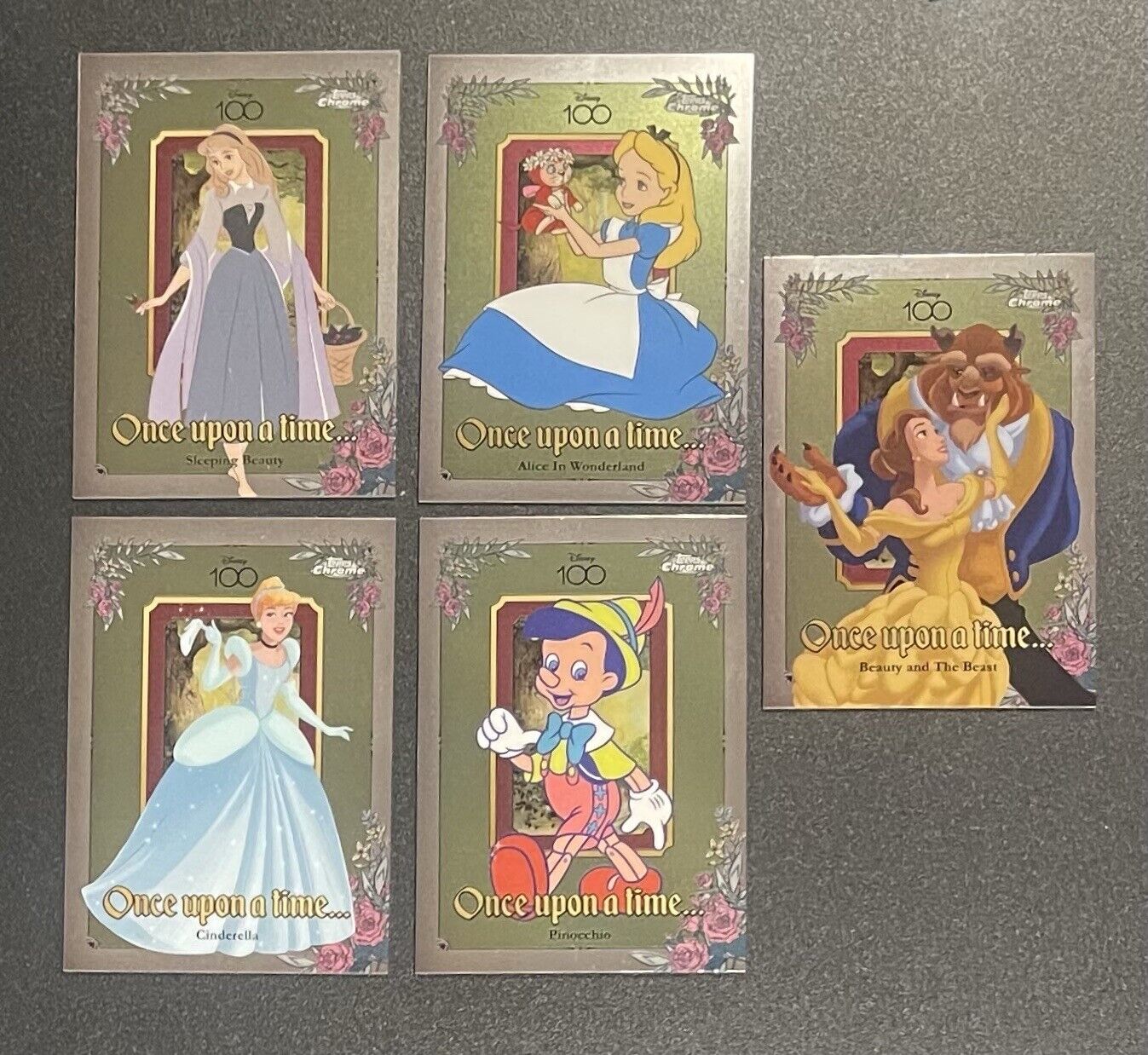 Topps Chrome Disney 100 Once Upon A Time Complete Set Of 5(Lot) Alice, Beast Etc