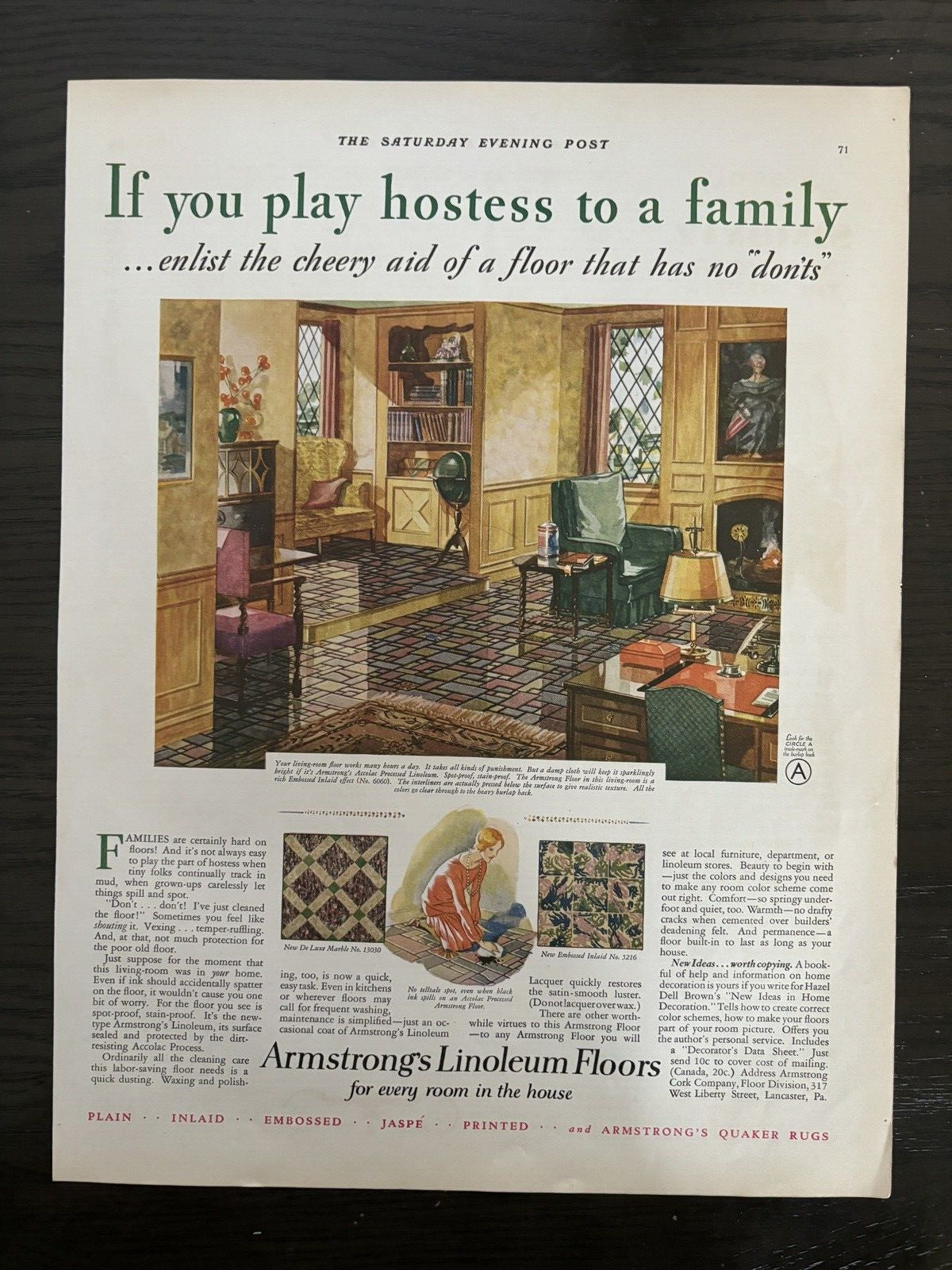 ARMSTRONG LINOLEUM FLOORS FOR EVERY ROOM IN THE HOUSE ART DECO VTG PRINT AD 1929