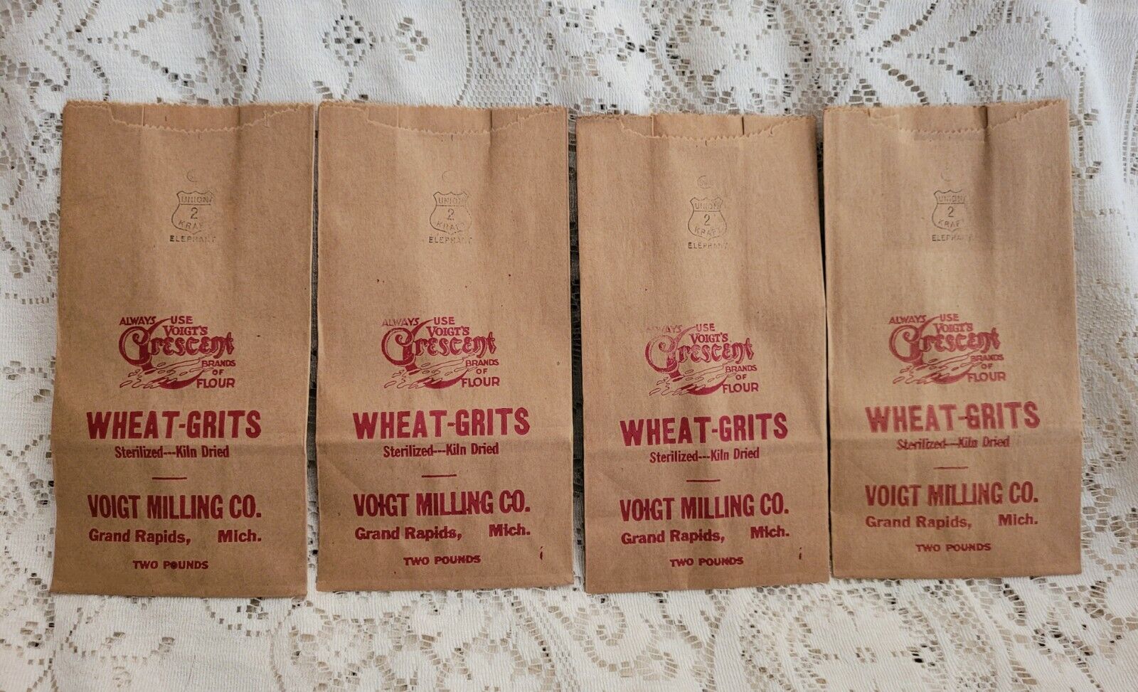  Vintage Lot Of 11 2lb Voigts Crescent Brand Wheat-Grits Brown Bags. Union Made.