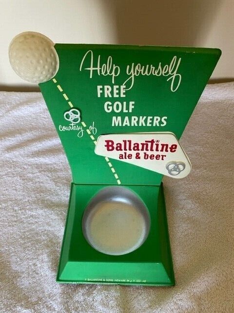 1960's Ballantine Beer Golf Display with 50 ball markers 